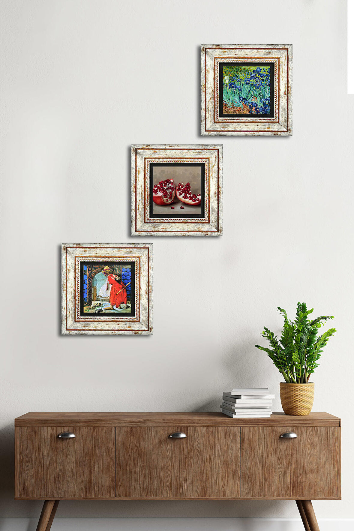 Van Gogh İrisler, Kaplumbağa Terbiyecisi, Nar Taş Duvar Tablosu Çerçeveli Duvar Dekoru 3 Parça Tablo Seti Wall Art