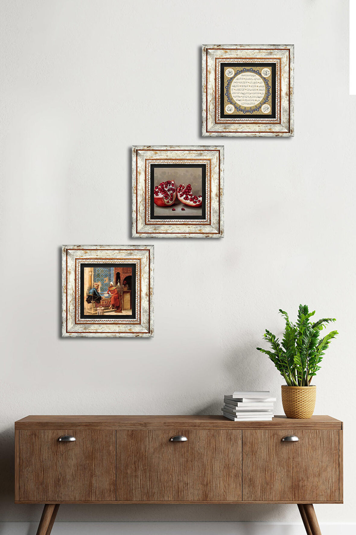 Hilye-i Şerif, Satranç Oyunu, Nar Taş Duvar Tablosu Çerçeveli Duvar Dekoru 3 Parça Tablo Seti Wall Art