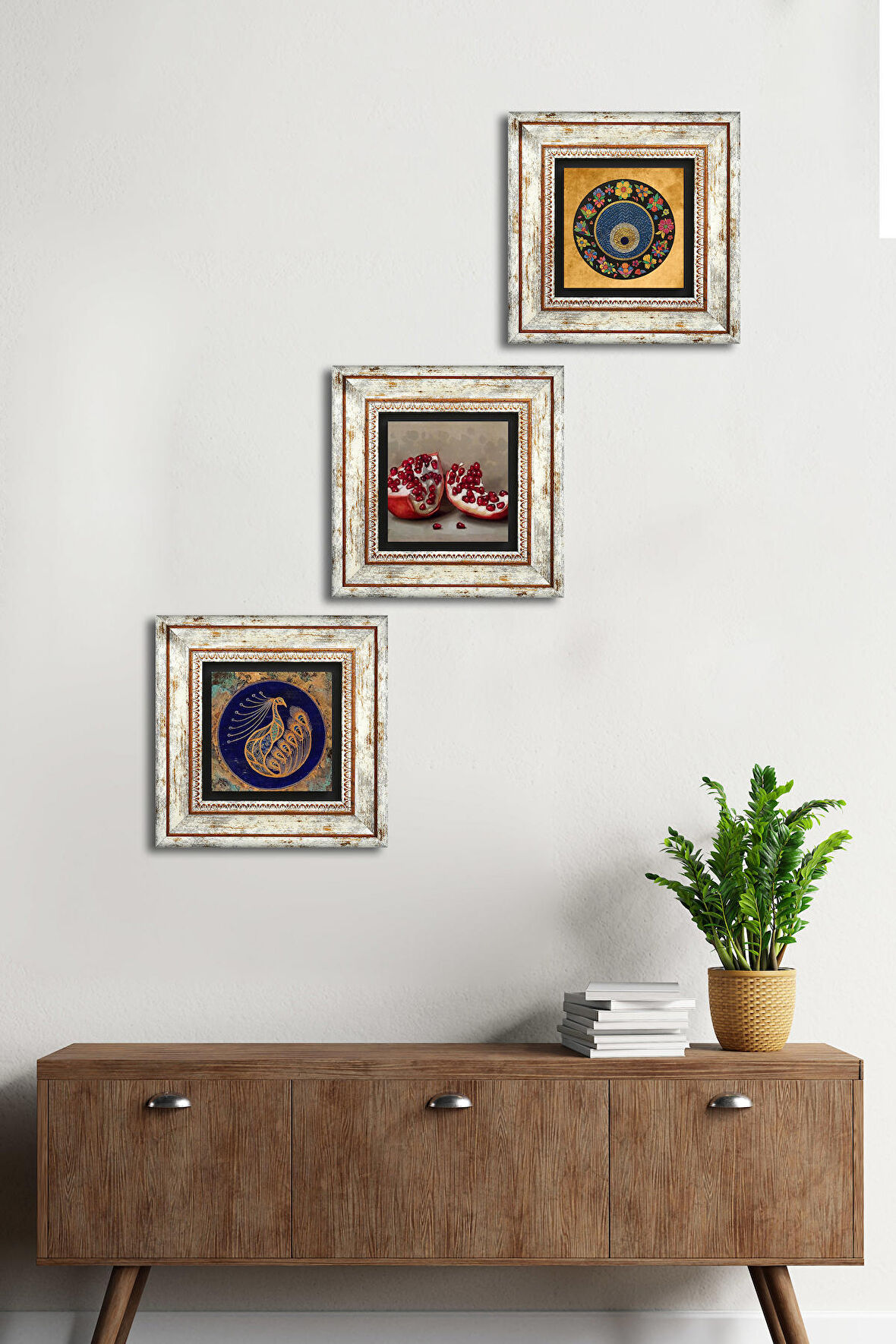 Tavus Kuşu, Nazar Boncuğu, Nar Taş Duvar Tablosu Çerçeveli Duvar Dekoru 3 Parça Tablo Seti Wall Art