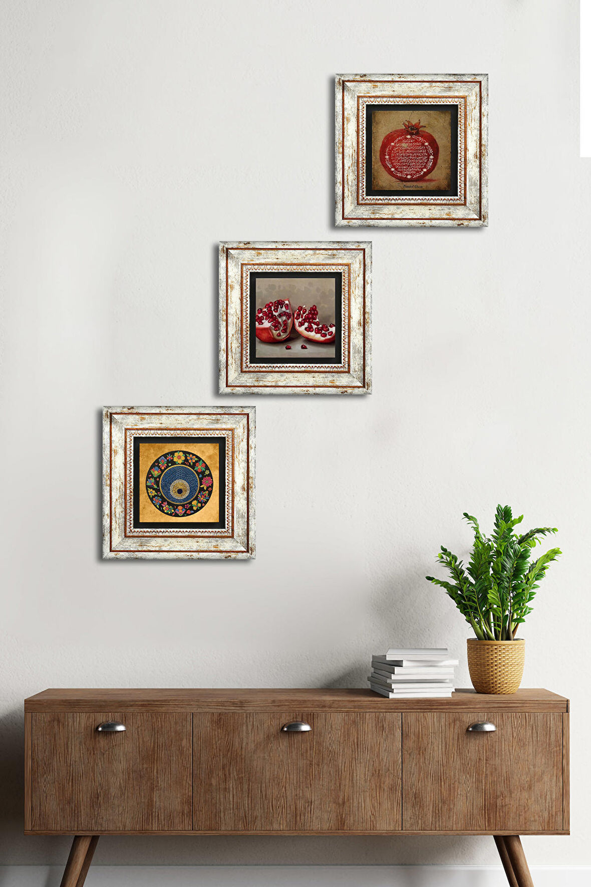 Nazar Boncuğu, Bereket Duası, Nar Taş Duvar Tablosu Çerçeveli Duvar Dekoru 3 Parça Tablo Seti Wall Art