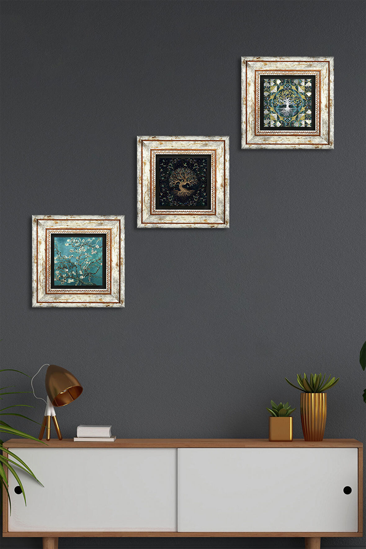 Hayat Ağacı, Van Gogh Badem Ağacı Taş Duvar Tablosu Çerçeveli Duvar Dekoru 3 Parça Tablo Seti Wall Art