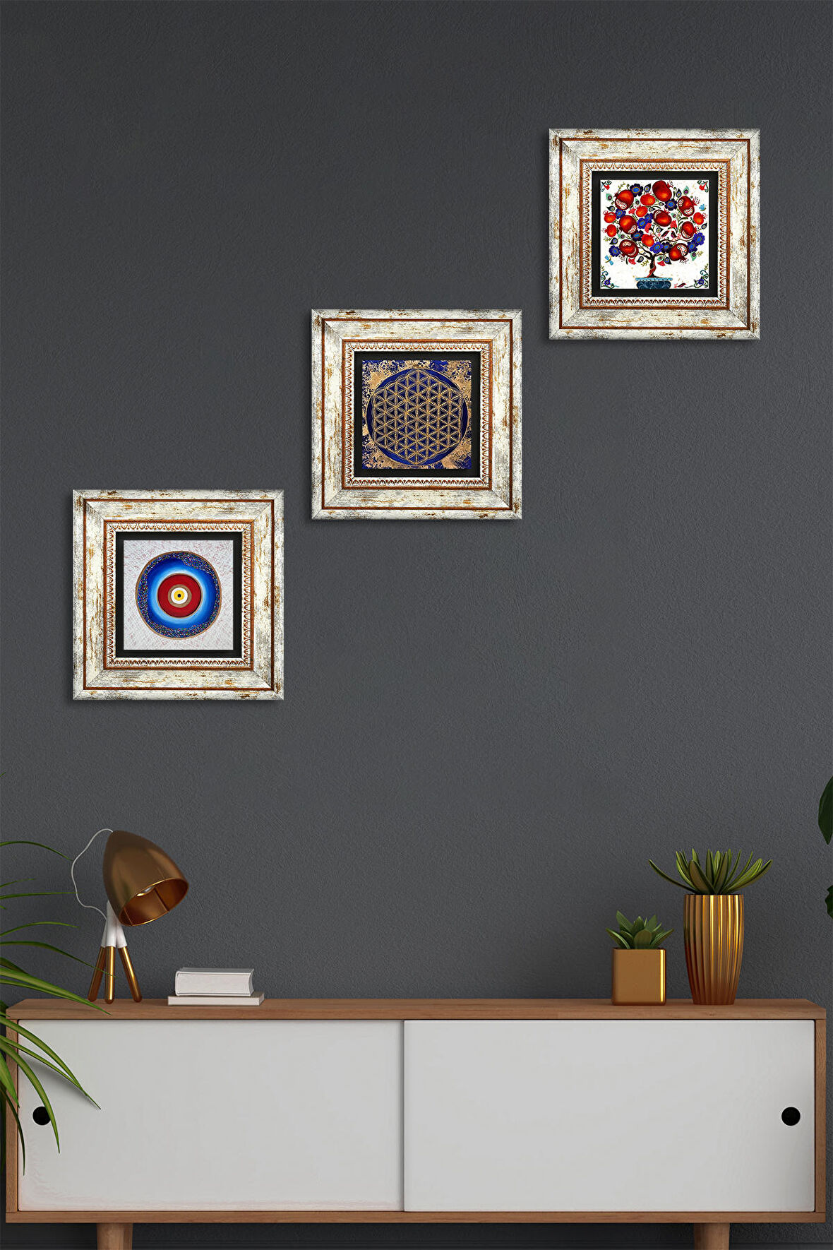 Nazar, Yaşam Çiçeği, Nar Ağacı Taş Duvar Tablosu Çerçeveli Duvar Dekoru 3 Parça Tablo Seti Wall Art