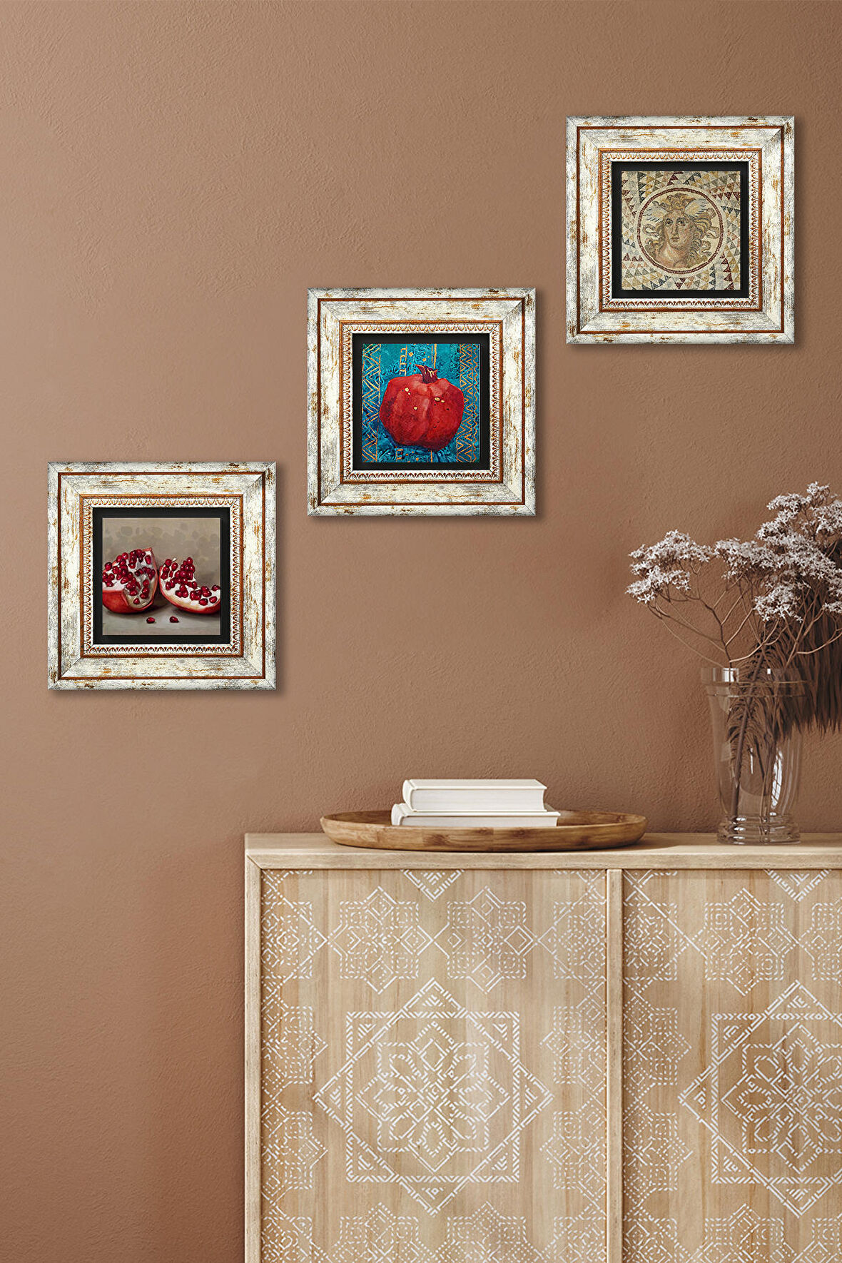 Mozaik Serisi, Nar Taş Duvar Tablosu Çerçeveli Duvar Dekoru 3 Parça Tablo Seti Wall Art