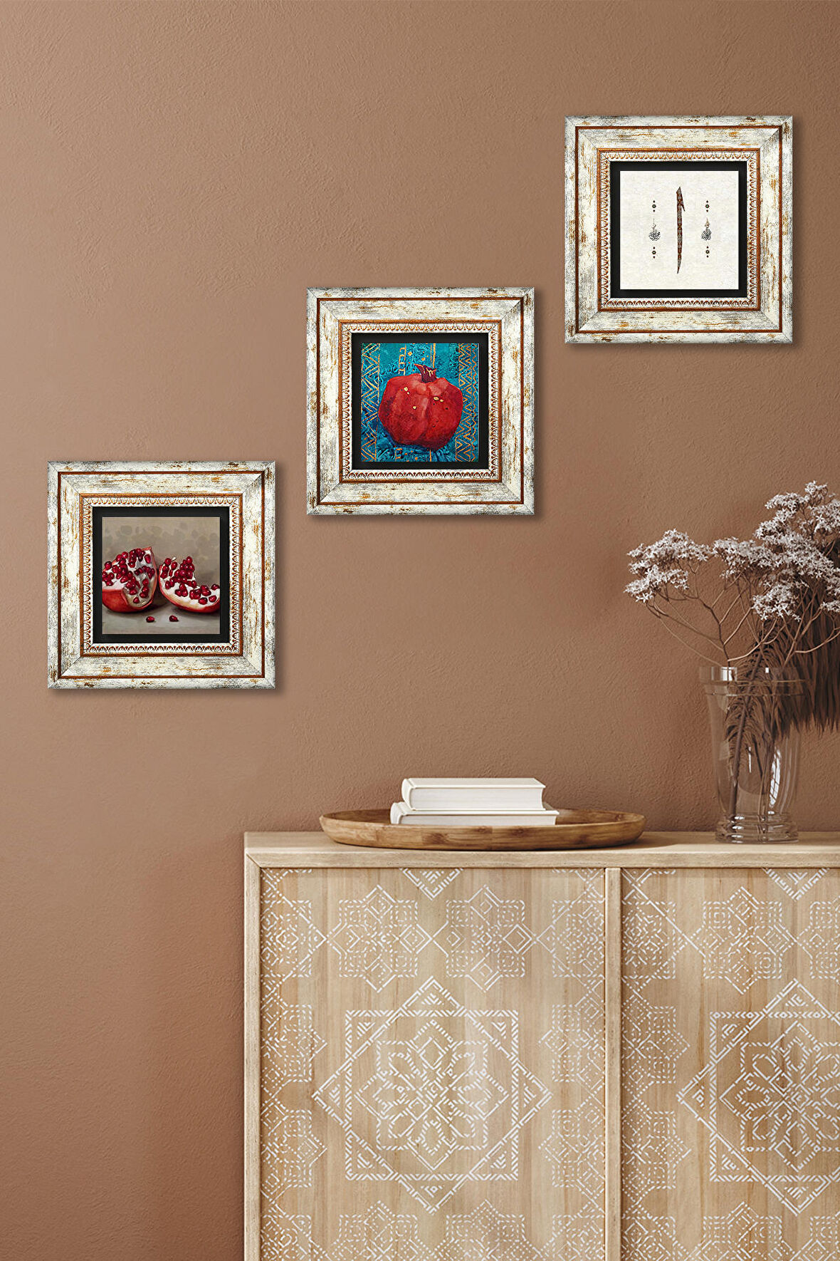 Elif, Nar Taş Duvar Tablosu Çerçeveli Duvar Dekoru 3 Parça Tablo Seti Wall Art