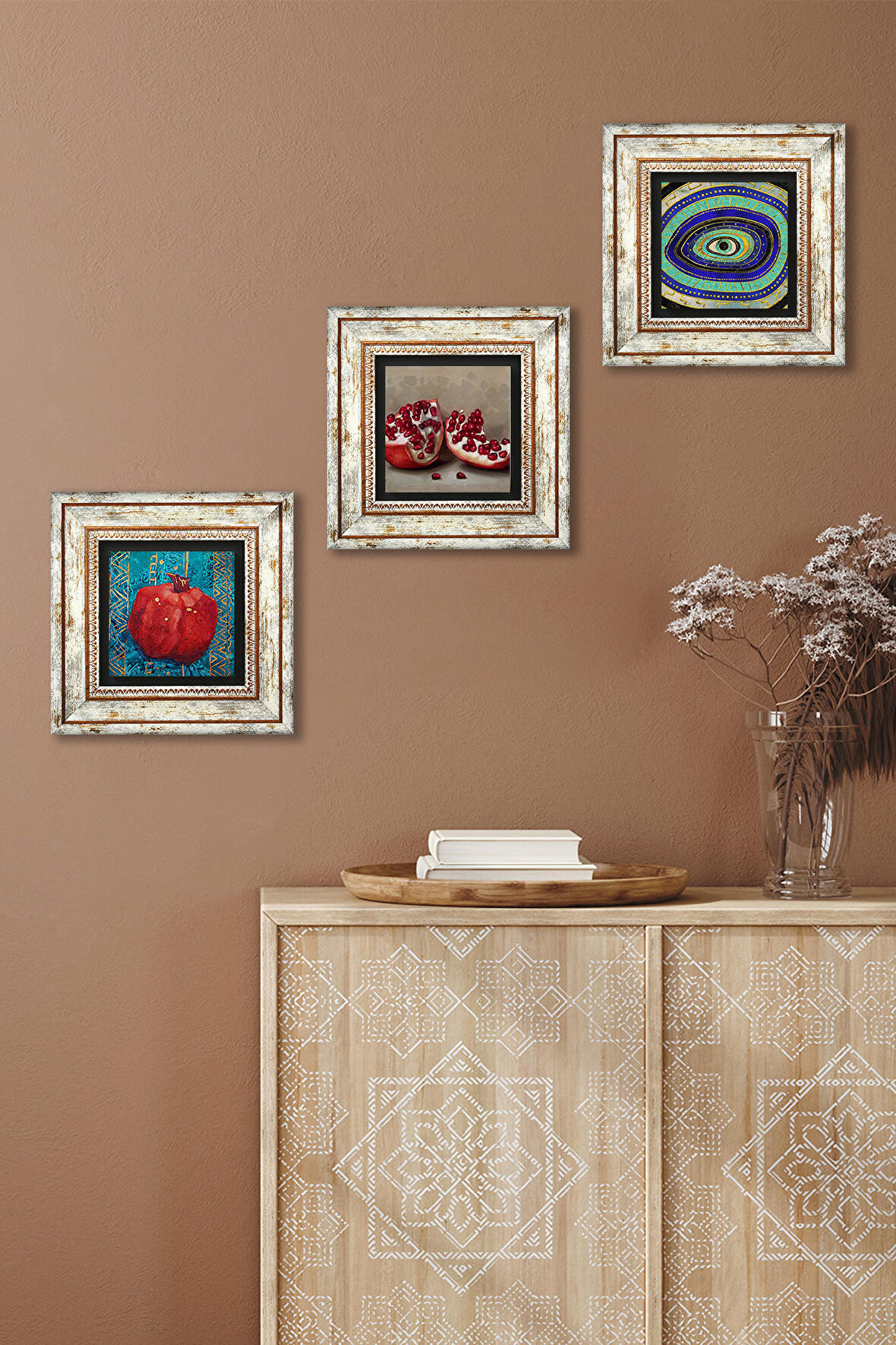 Nazar, Nar Taş Duvar Tablosu Çerçeveli Duvar Dekoru 3 Parça Tablo Seti Wall Art