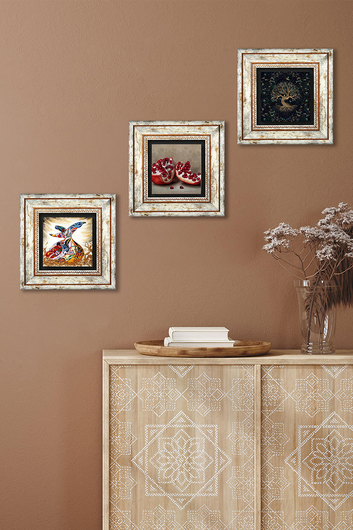 Hayat Ağacı, Semazen, Nar Taş Duvar Tablosu Çerçeveli Duvar Dekoru 3 Parça Tablo Seti Wall Art