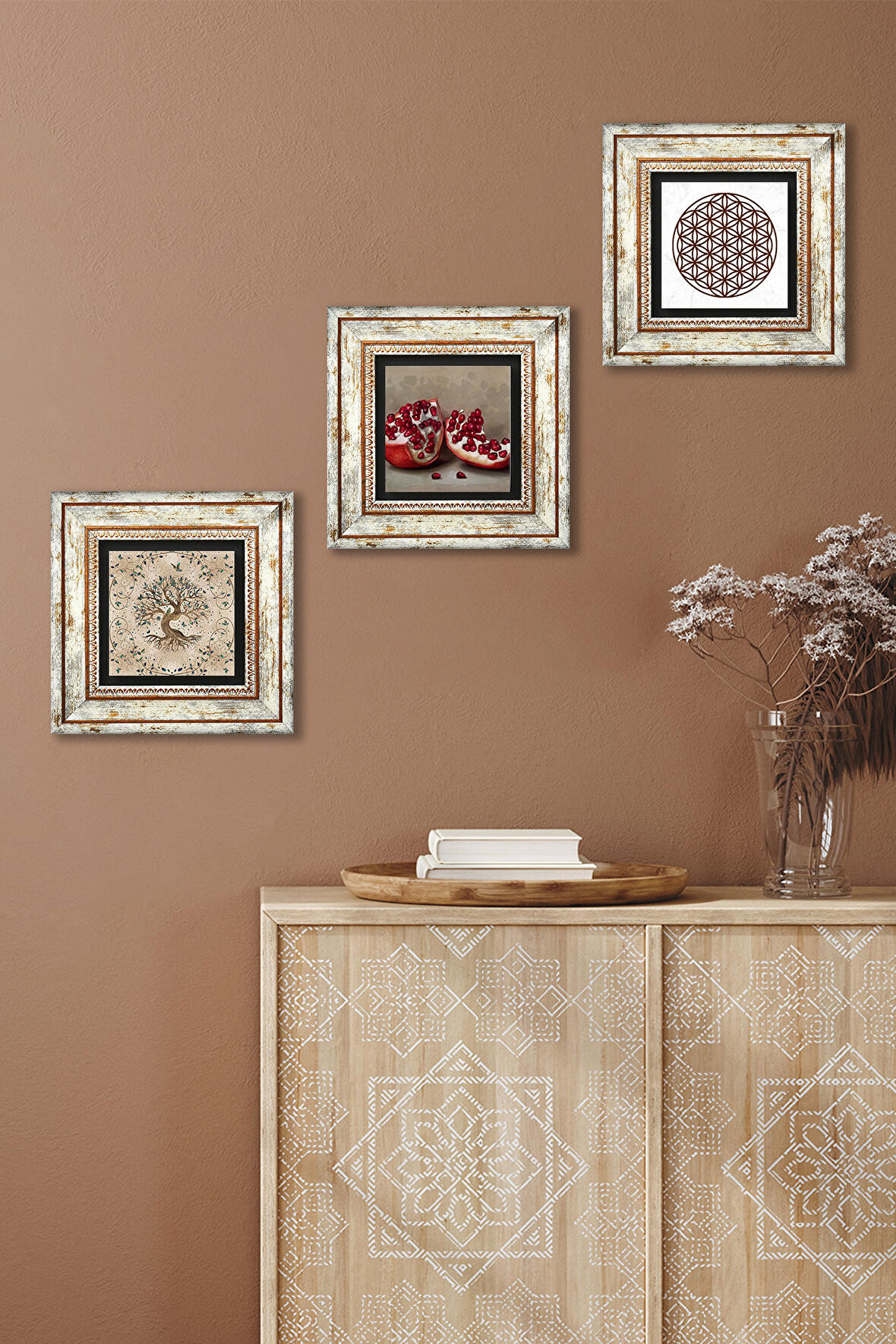 Yaşam Çiçeği, Hayat Ağacı, Nar Taş Duvar Tablosu Çerçeveli Duvar Dekoru 3 Parça Tablo Seti Wall Art
