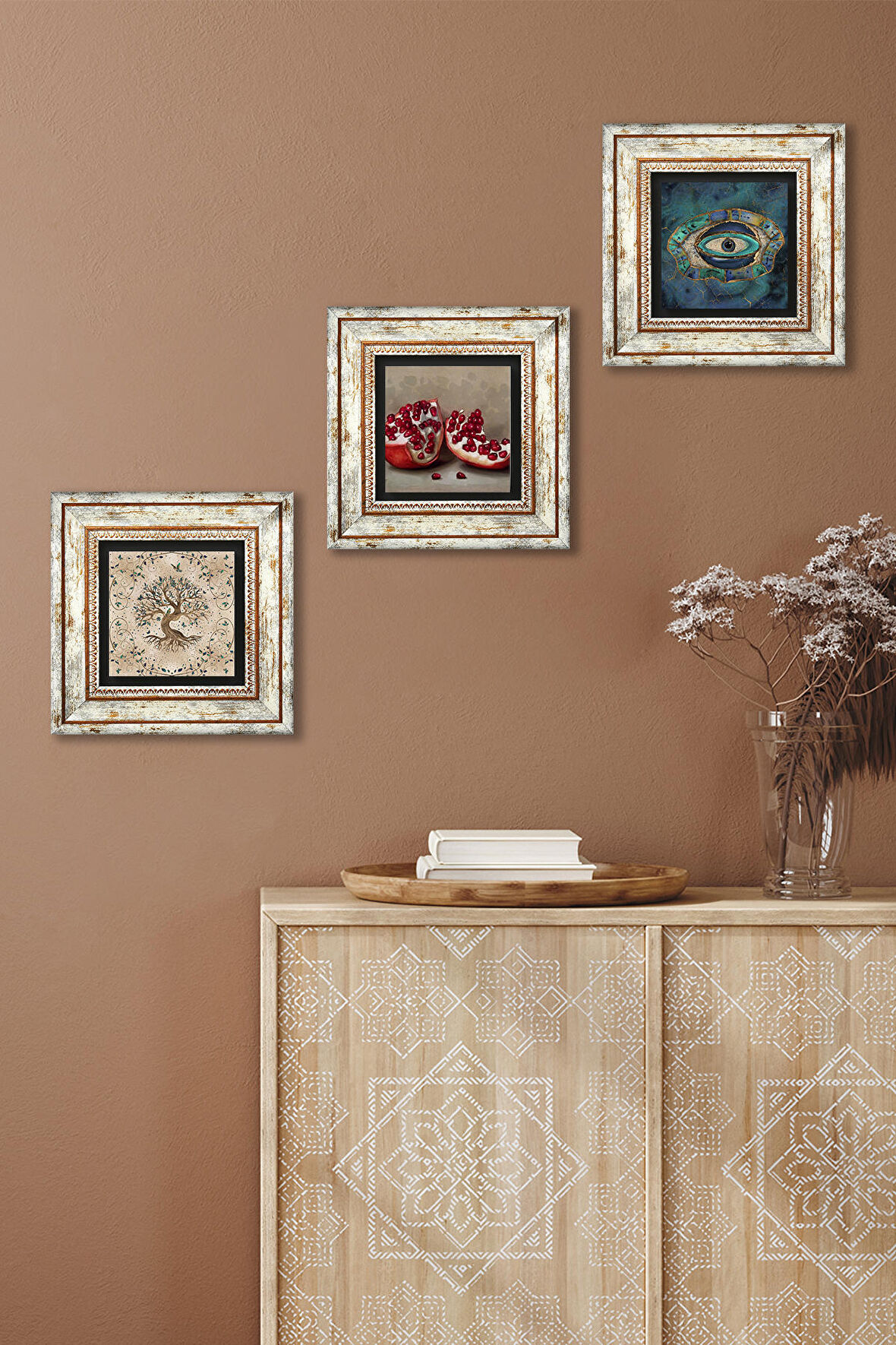 Nazar, Hayat Ağacı, Nar Taş Duvar Tablosu Çerçeveli Duvar Dekoru 3 Parça Tablo Seti Wall Art