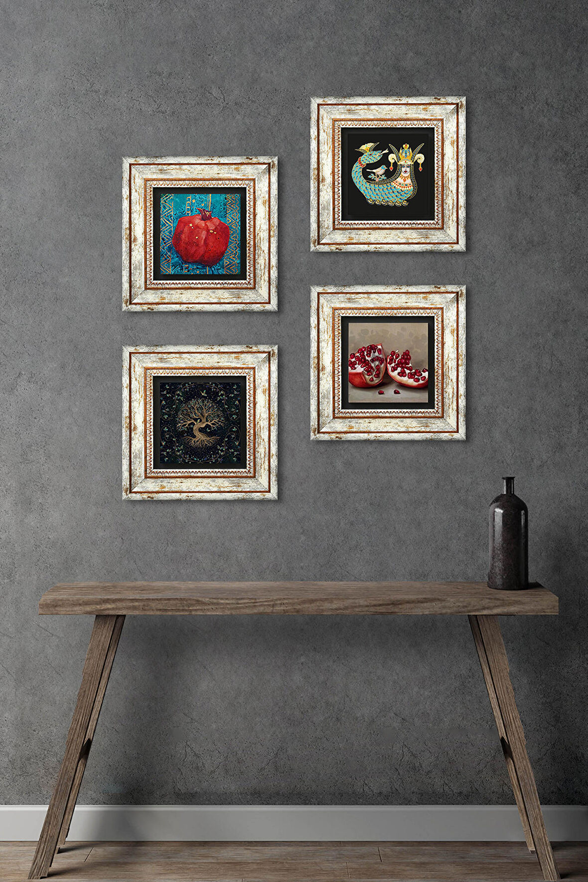 Hayat Ağacı, Şahmeran, Nar Taş Duvar Tablosu Çerçeveli Duvar Dekoru 4 Parça Tablo Seti Wall Art