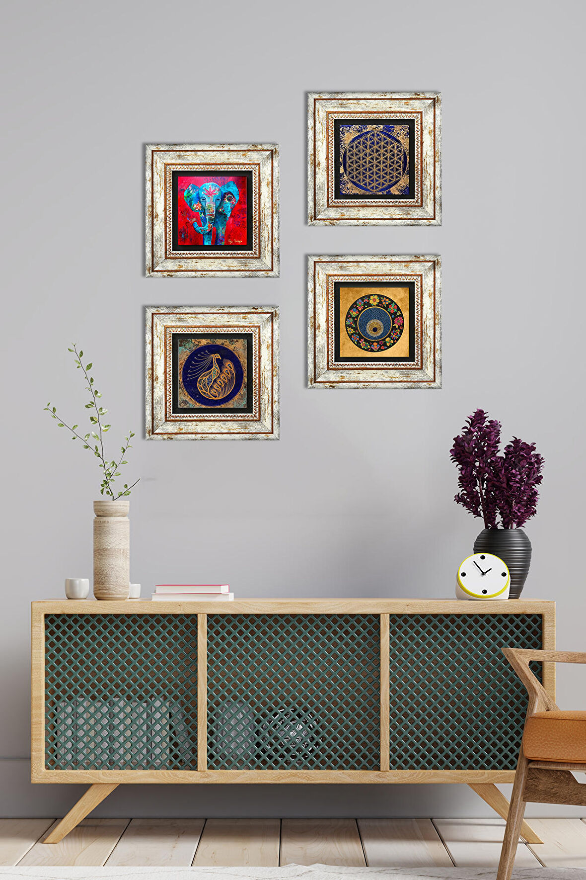 Fil, Tavus Kuşu, Yaşam Çiçeği, Nazar Taş Duvar Tablosu Çerçeveli Duvar Dekoru 4 Parça Tablo Seti Wall Art