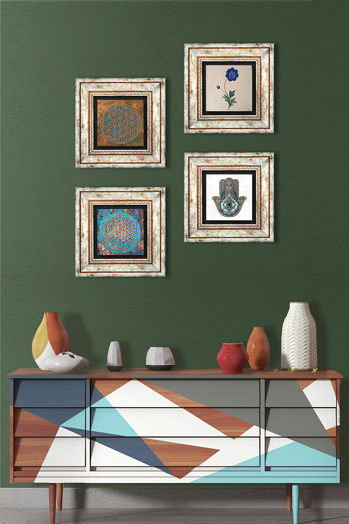 Yaşam Çiçeği, Ebru Sanatı, Fatma Ana Eli (Hamsa) Taş Duvar Tablosu Çerçeveli Duvar Dekoru 4 Parça Tablo Seti Wall Art