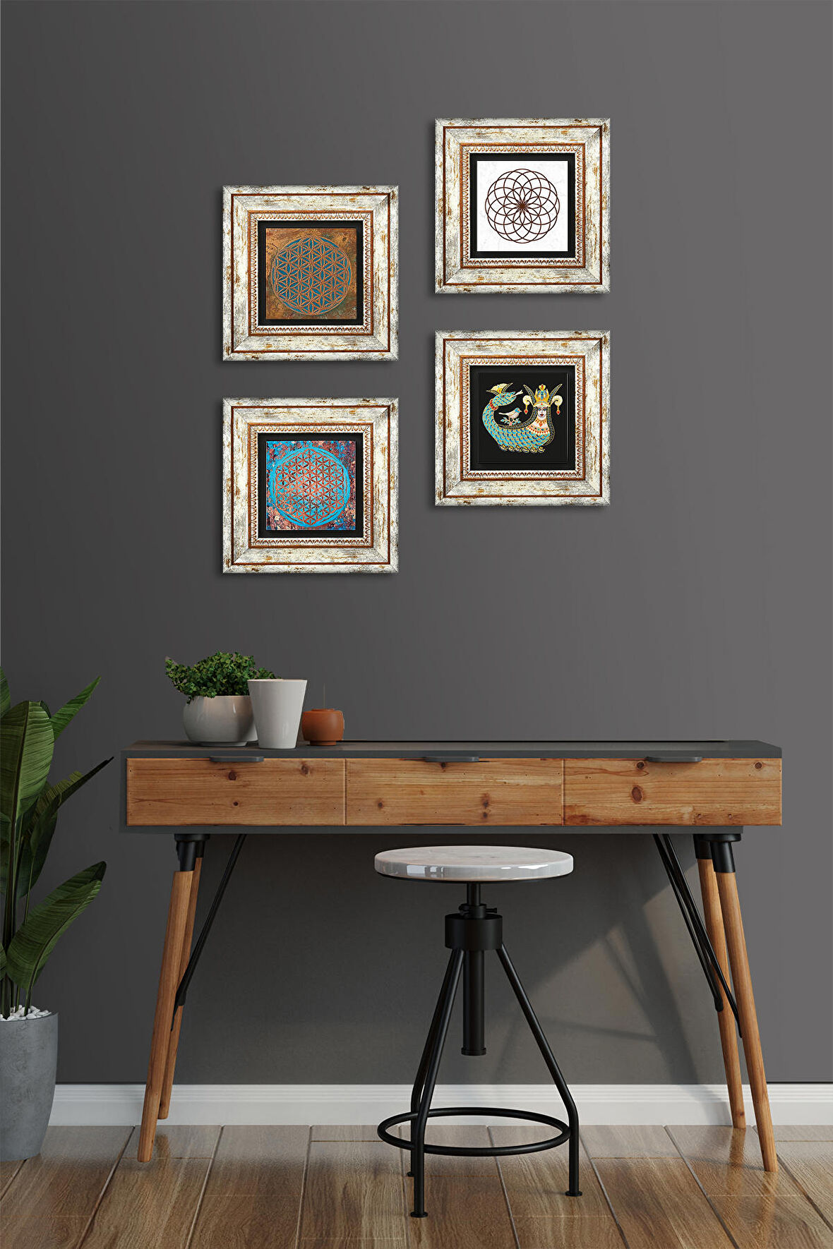 Yaşam Çiçeği, Şahmeran Taş Duvar Tablosu Çerçeveli Duvar Dekoru 4 Parça Tablo Seti Wall Art