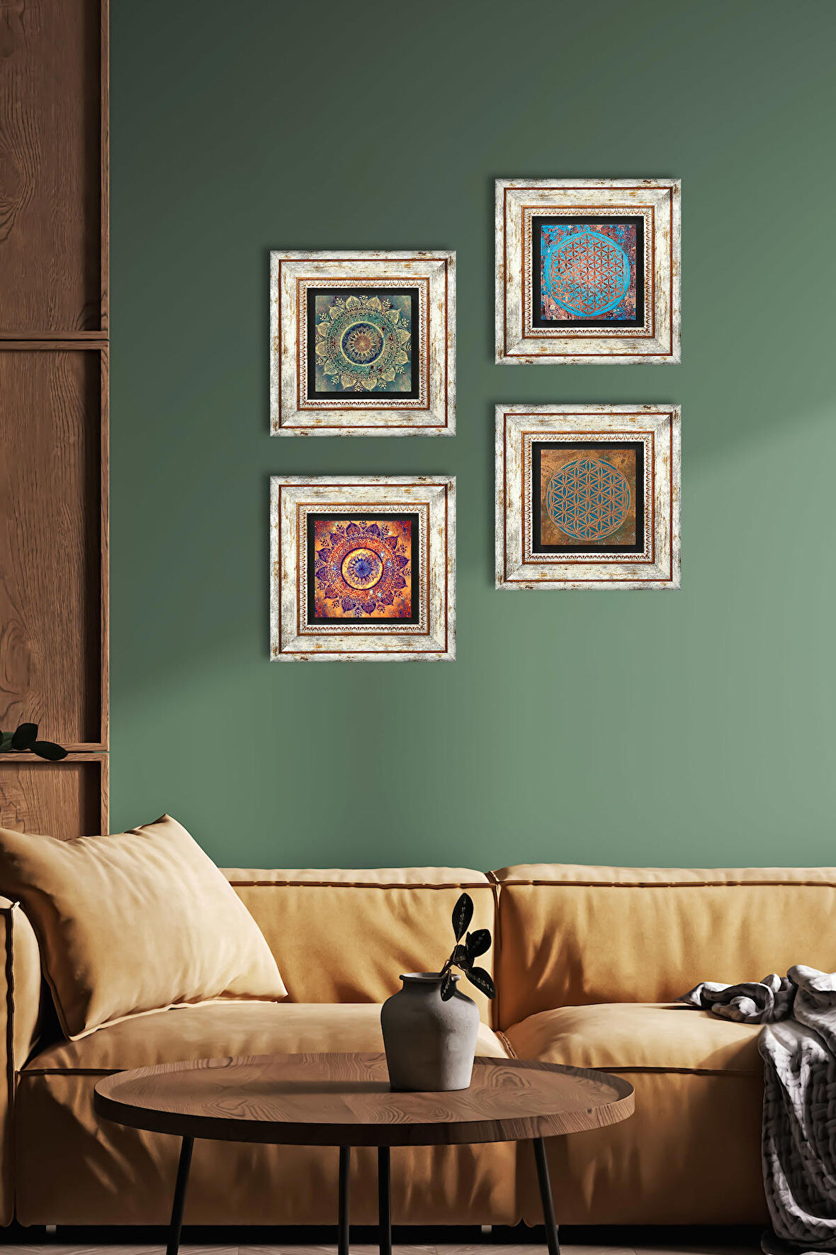 Mandala, Yaşam Çiçeği Taş Duvar Tablosu Çerçeveli Duvar Dekoru 4 Parça Tablo Seti Wall Art