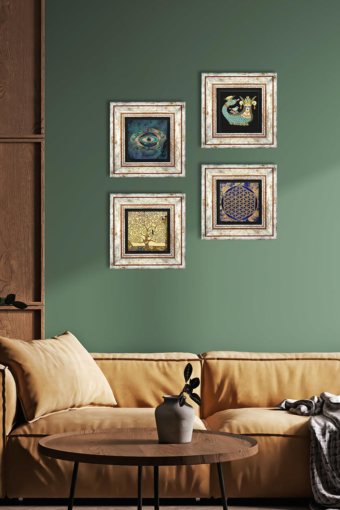 Nazar, Yaşam Çiçeği, Gustav Klimt Hayat Ağacı, Şahmeran Taş Duvar Tablosu Çerçeveli Duvar Dekoru 4 Parça Tablo Seti Wall Art