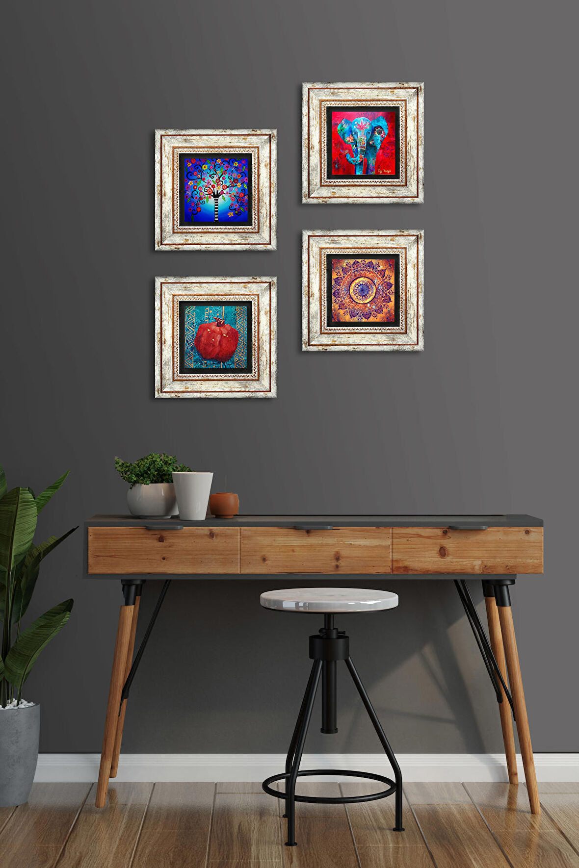 Mandala, Fil, Hayat Ağacı, Nar Taş Duvar Tablosu Çerçeveli Duvar Dekoru 4 Parça Tablo Seti Wall Art