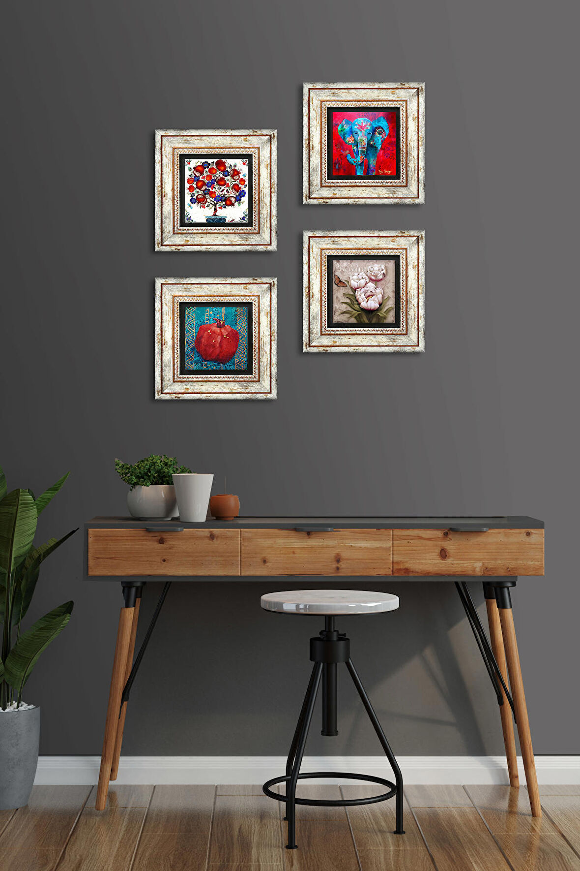 Fil, Kelebekli Çiçek, Nar Ağacı, Nar Taş Duvar Tablosu Çerçeveli Duvar Dekoru 4 Parça Tablo Seti Wall Art