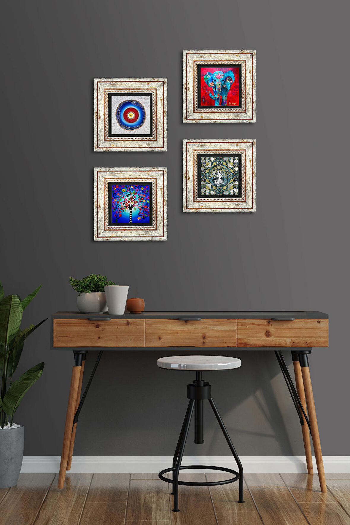 Nazar, Fil, Hayat Ağacı Taş Duvar Tablosu Çerçeveli Duvar Dekoru 4 Parça Tablo Seti Wall Art