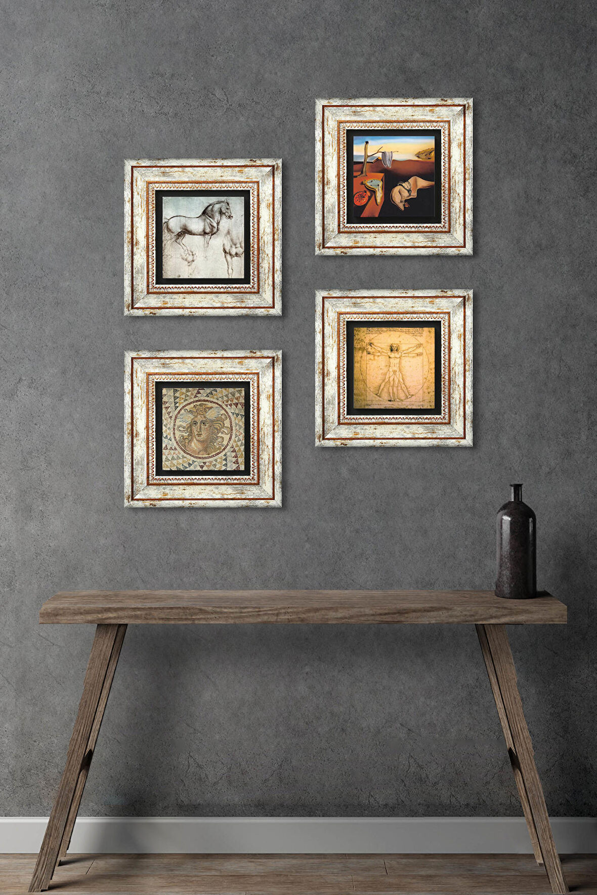 Salvador Dalí, Mozaik Serisi, Leonardo da Vinci Taş Duvar Tablosu Çerçeveli Duvar Dekoru 4 Parça Tablo Seti Wall Art