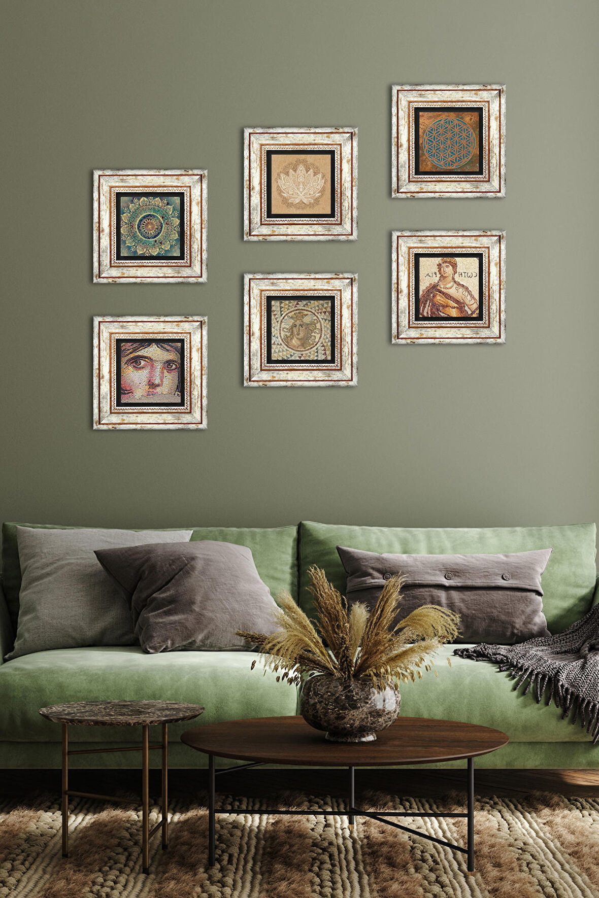 Çingene Kızı, Soteria Mozaiği, Lotus, Yaşam Çiçeği, Mandala Taş Duvar Tablosu Çerçeveli Duvar Dekoru 6 Parça Tablo Seti Wall Art
