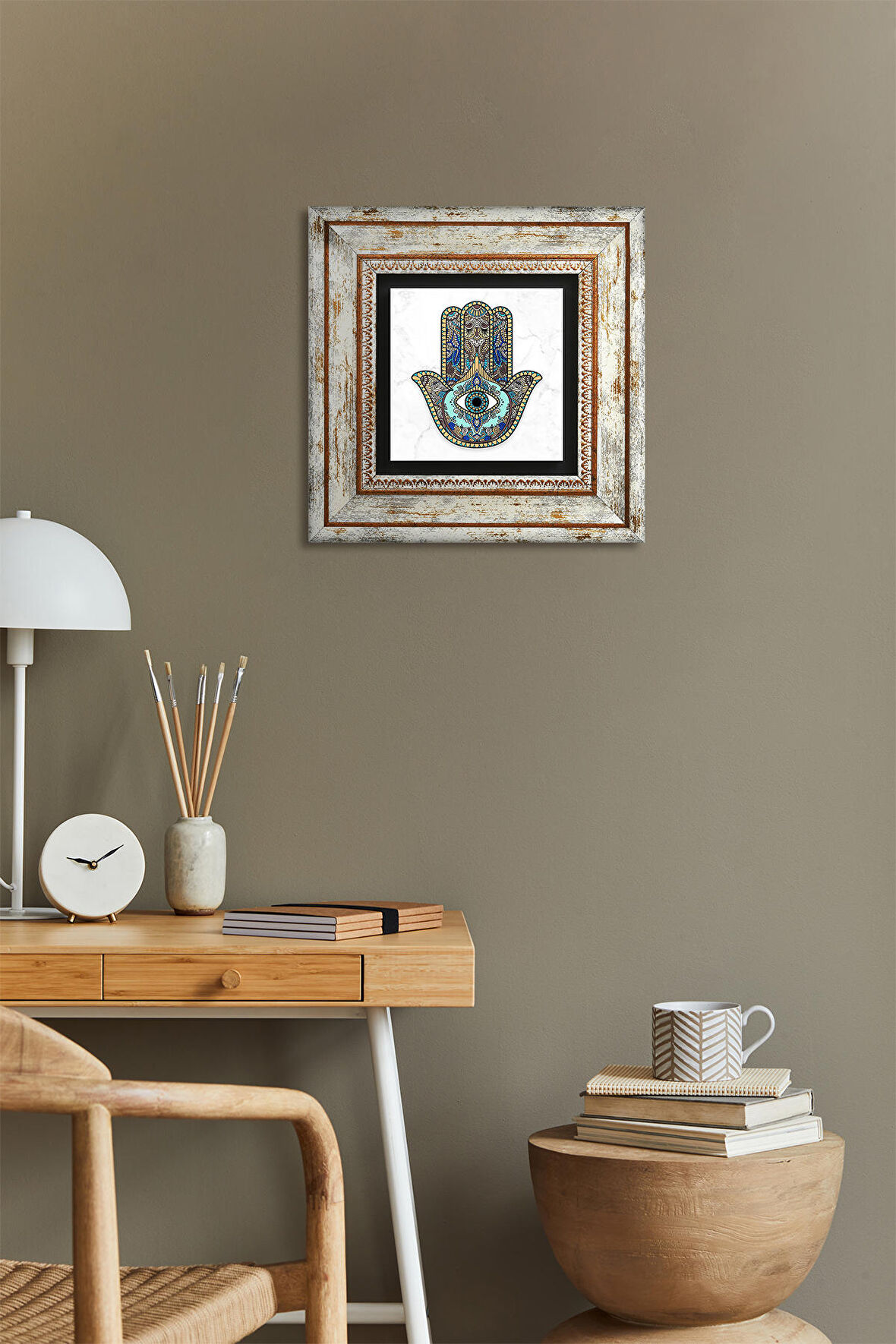 Fatma Ana Eli (Hamsa) Taş Duvar Tablosu Çerçeveli Duvar Dekoru Wall Art