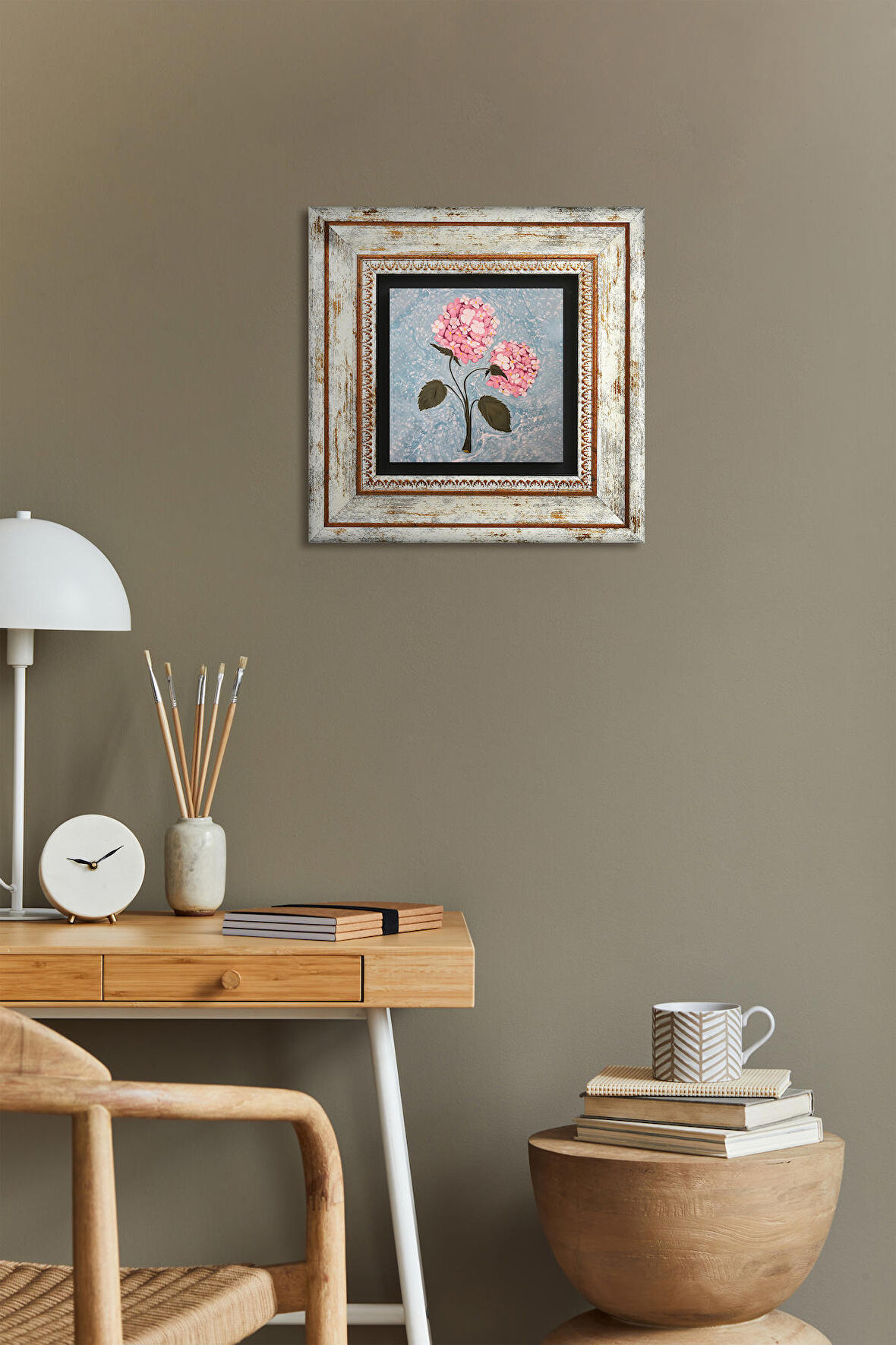 Pembe Ortanca Çiçeği Taş Duvar Tablosu Çerçeveli Duvar Dekoru Wall Art