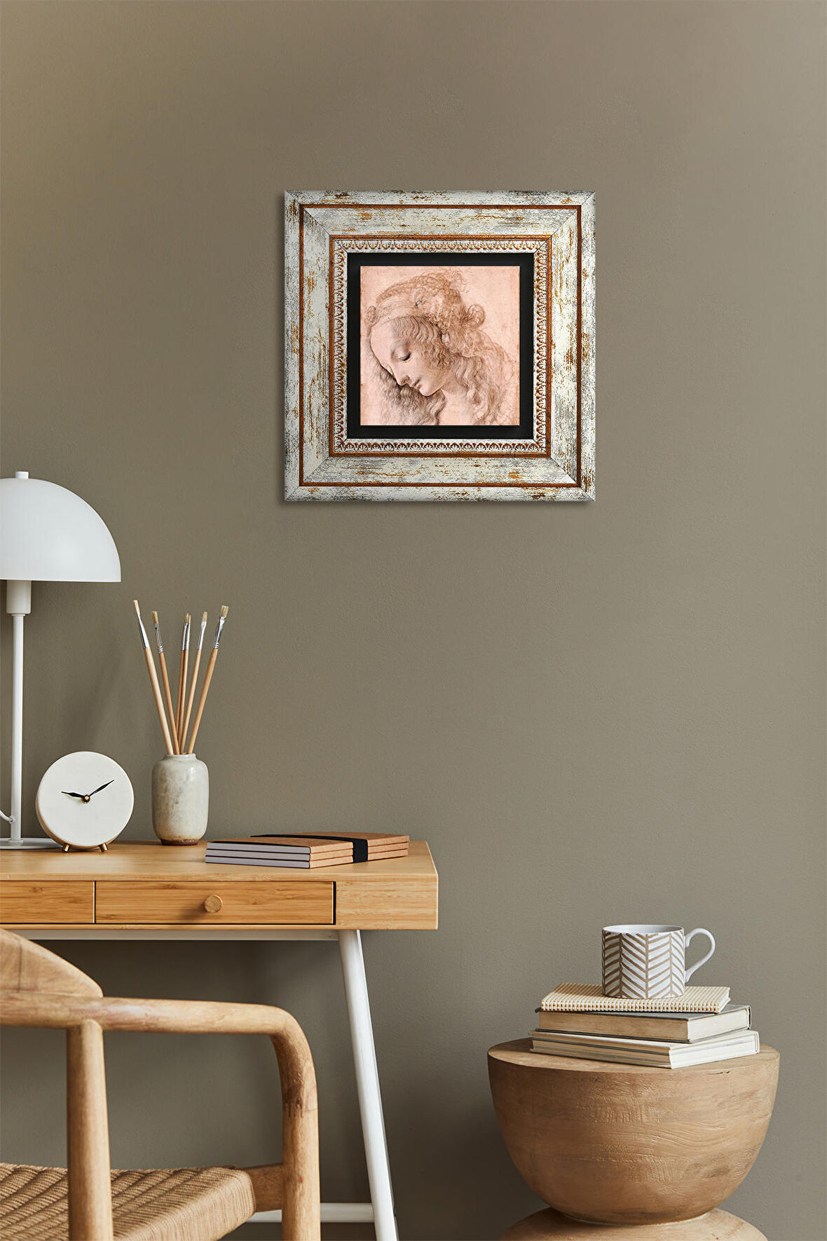 Leonardo da Vinci Genç Bir Kadının Baş Profili Taş Duvar Tablosu Çerçeveli Duvar Dekoru Wall Art