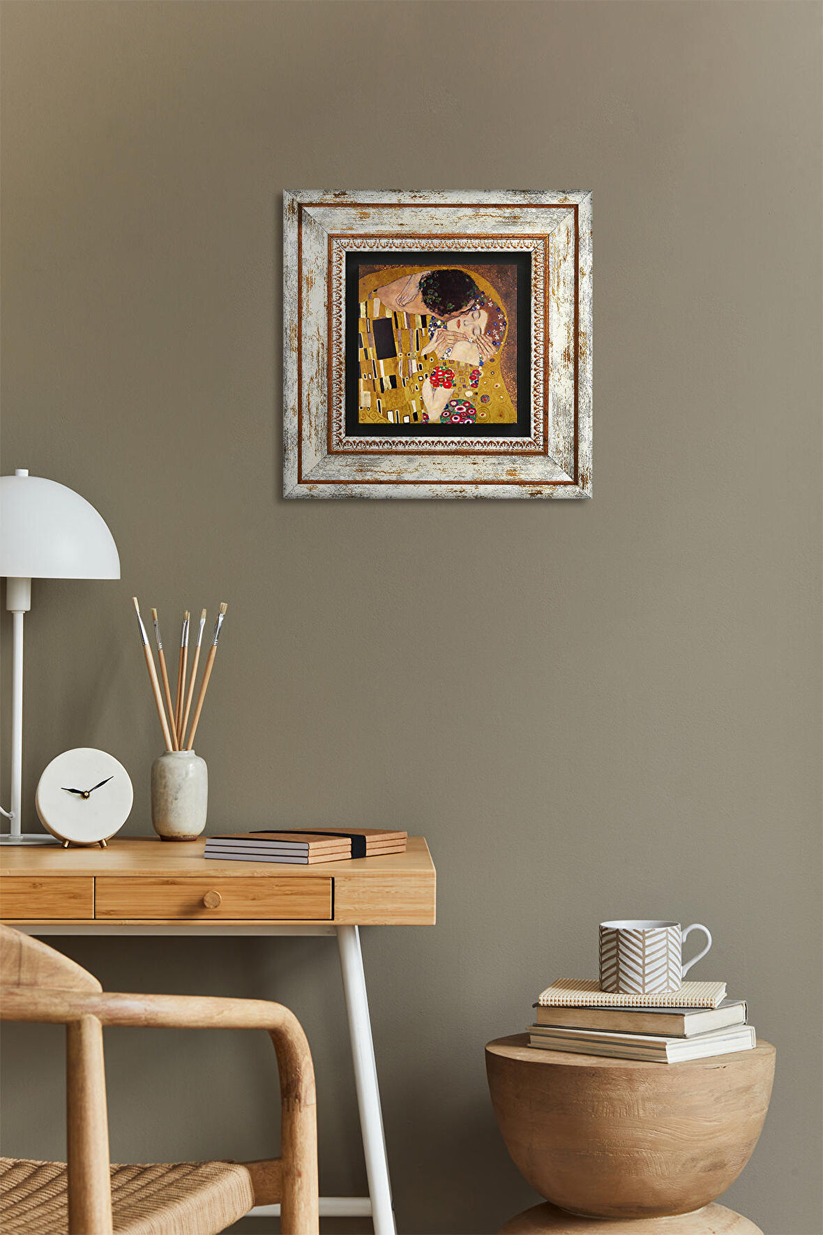 Gustav Klimt Öpücük Taş Duvar Tablosu Çerçeveli Duvar Dekoru Wall Art