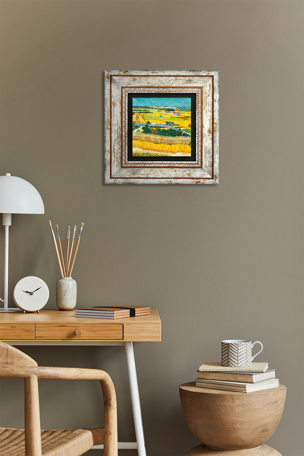 Van Gogh Mavi Arabalı Hasat Manzarası Taş Duvar Tablosu Çerçeveli Duvar Dekoru Wall Art