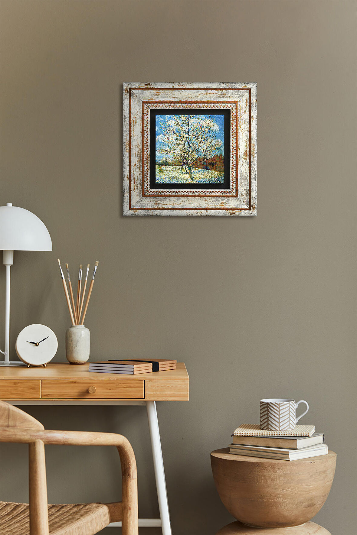 Van Gogh Çiçeklenen Pembe Şeftali Ağacı Taş Duvar Tablosu Çerçeveli Duvar Dekoru Wall Art