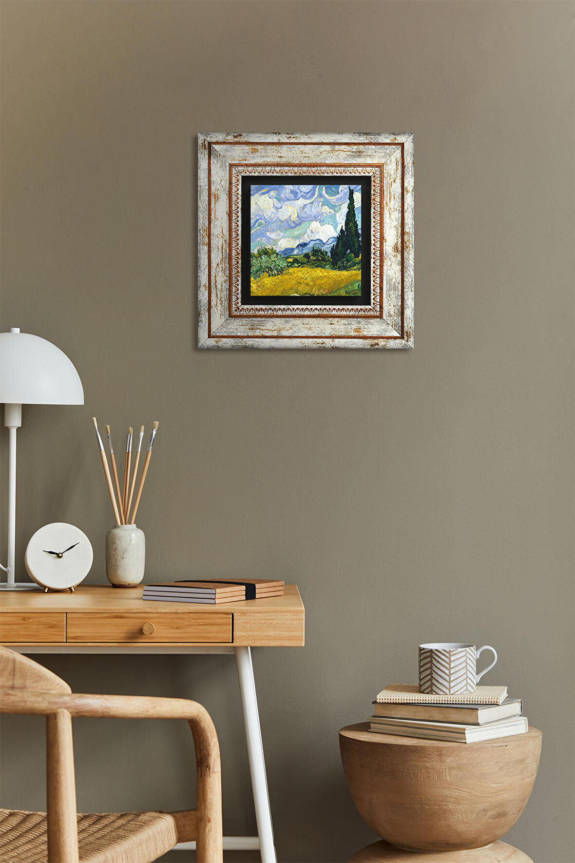 Van Gogh Selvi Ağaçlı Buğday Tarlası Taş Duvar Tablosu Çerçeveli Duvar Dekoru Wall Art