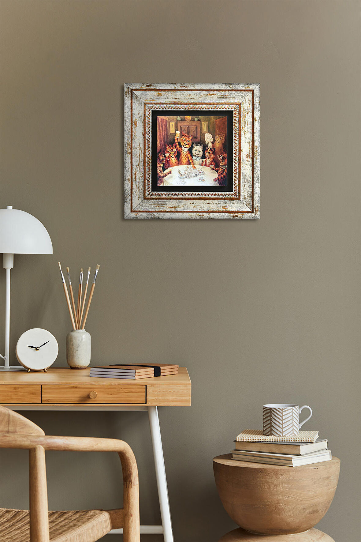 Louis Wain Kediler Taş Duvar Tablosu Çerçeveli Duvar Dekoru Wall Art