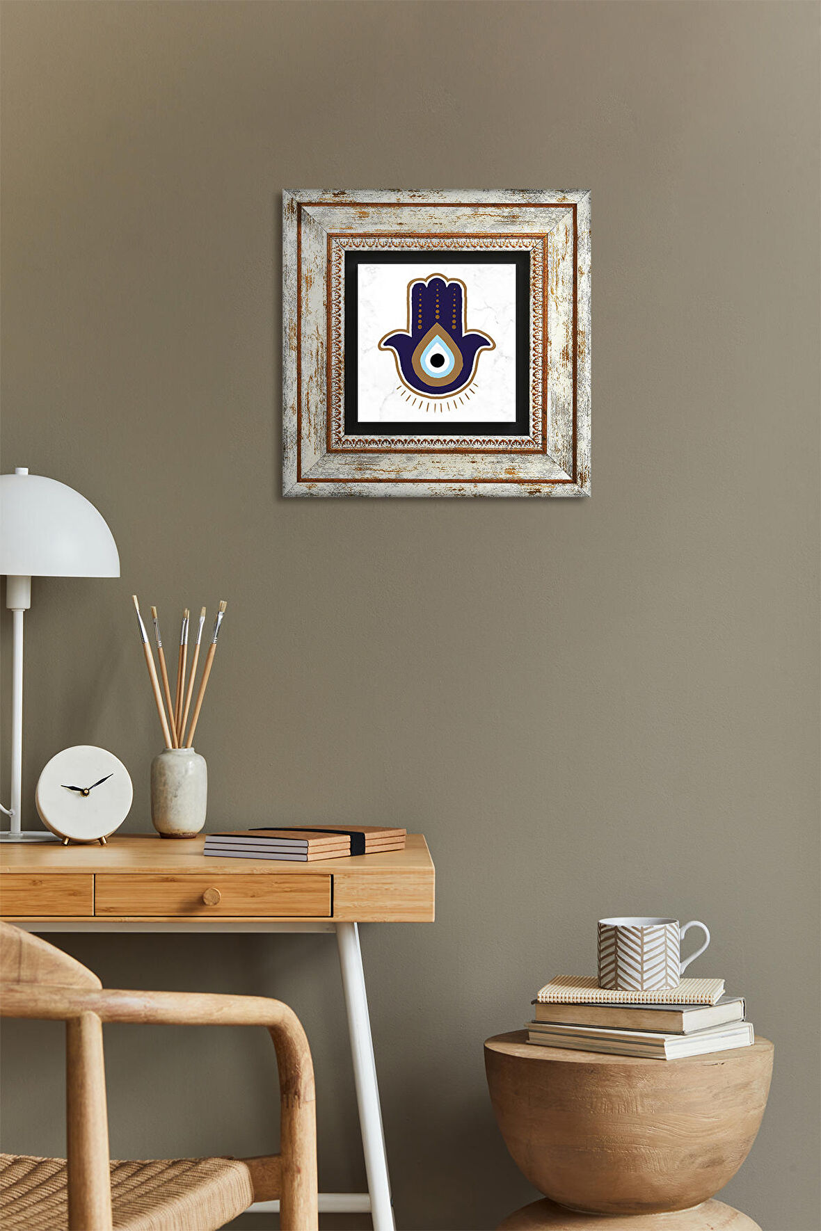 Fatma Ana Eli (Hamsa) Nazar Taş Duvar Tablosu Çerçeveli Duvar Dekoru Wall Art