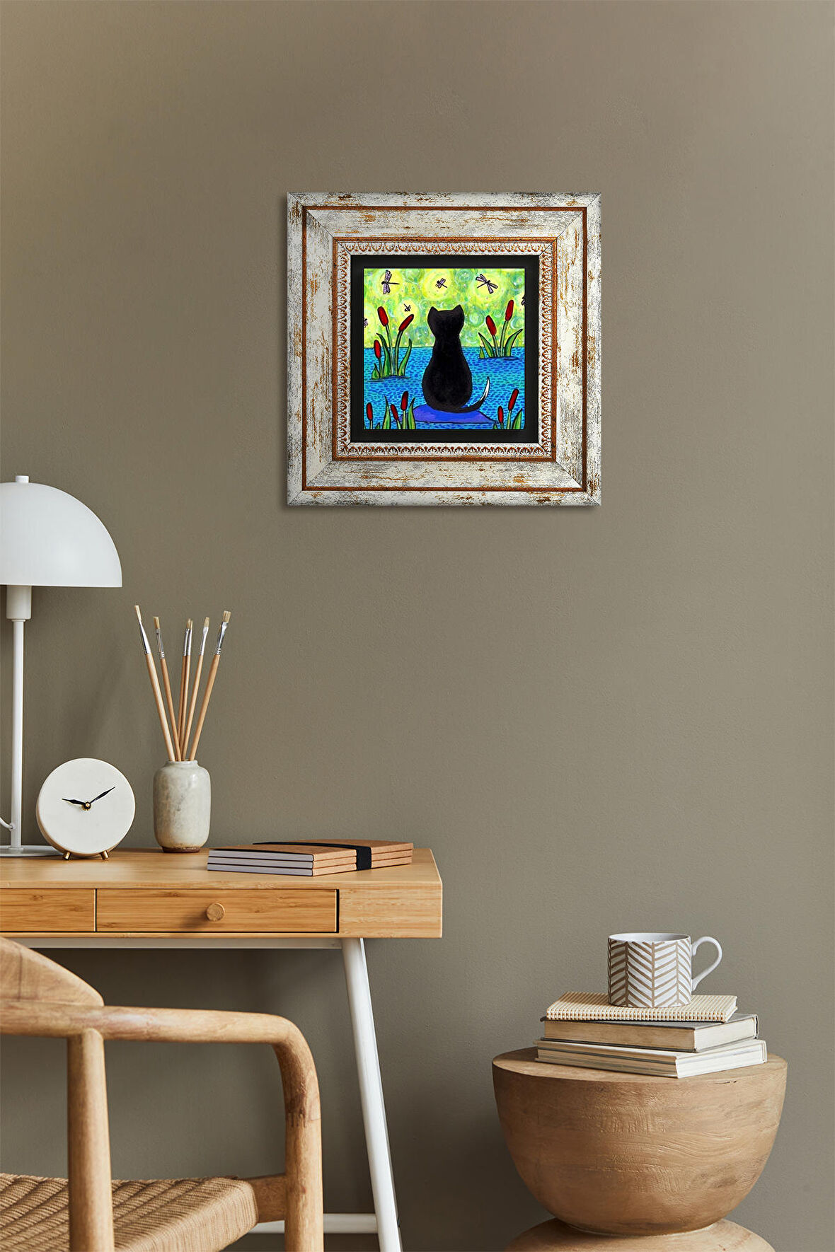 Kedi Taş Duvar Tablosu Çerçeveli Duvar Dekoru Wall Art