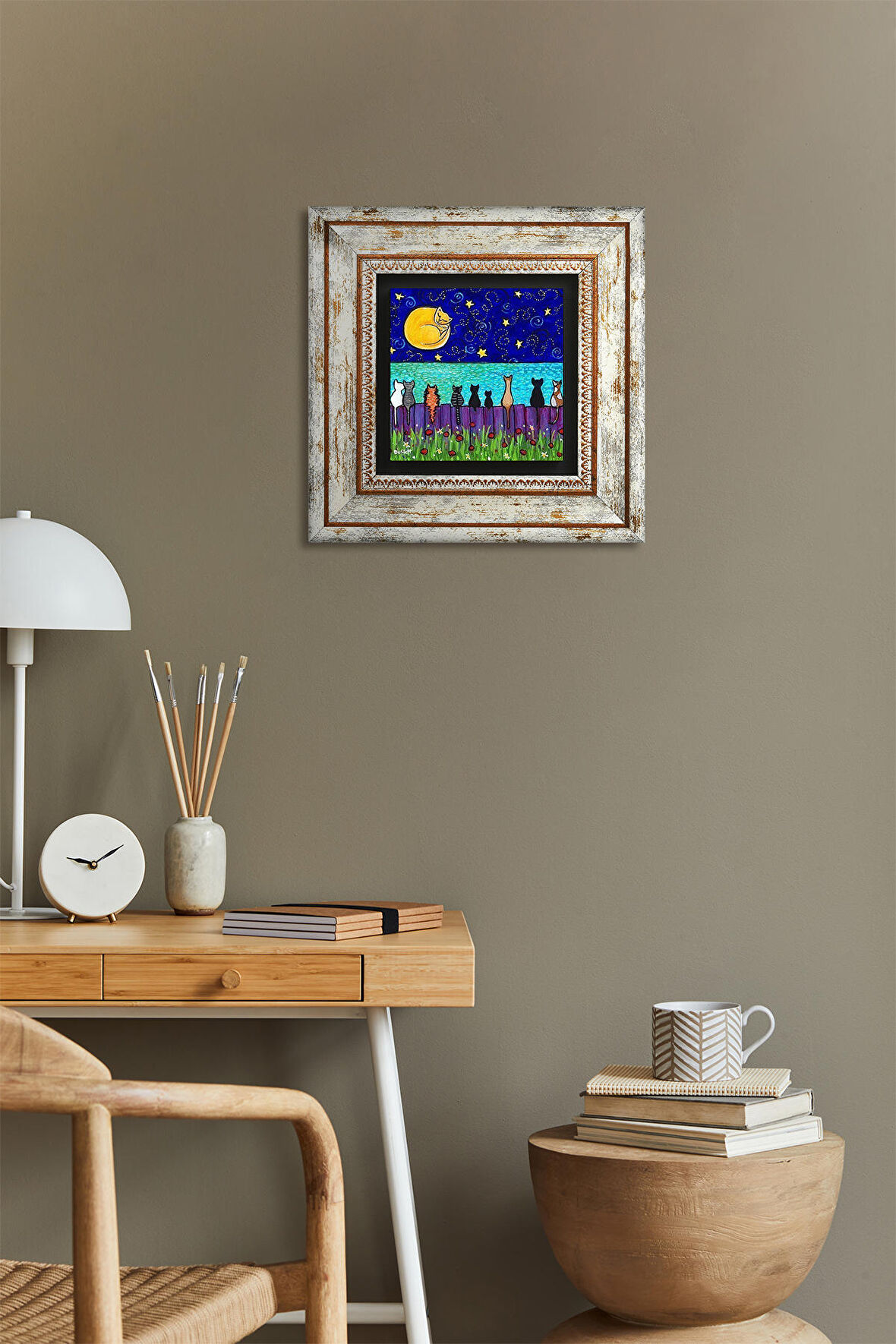 Kedi Taş Duvar Tablosu Çerçeveli Duvar Dekoru Wall Art