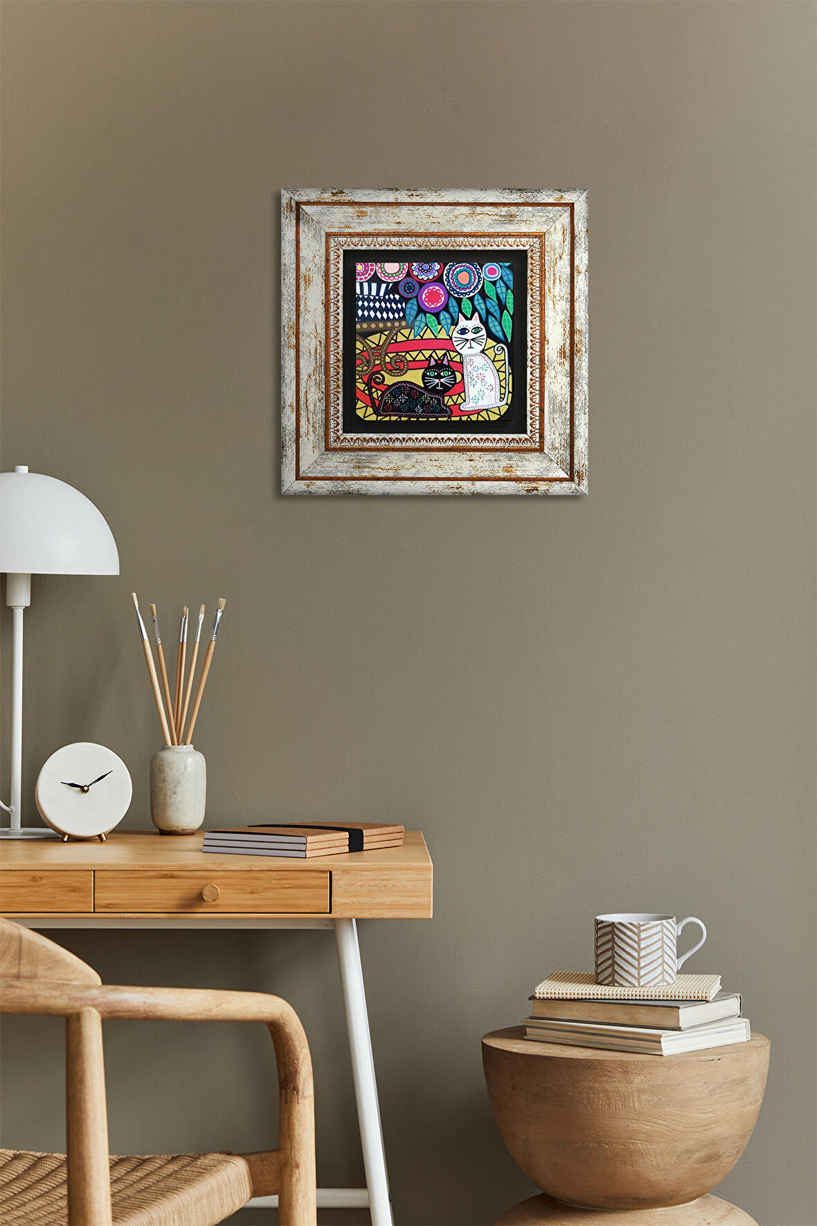 Kedi Taş Duvar Tablosu Çerçeveli Duvar Dekoru Wall Art