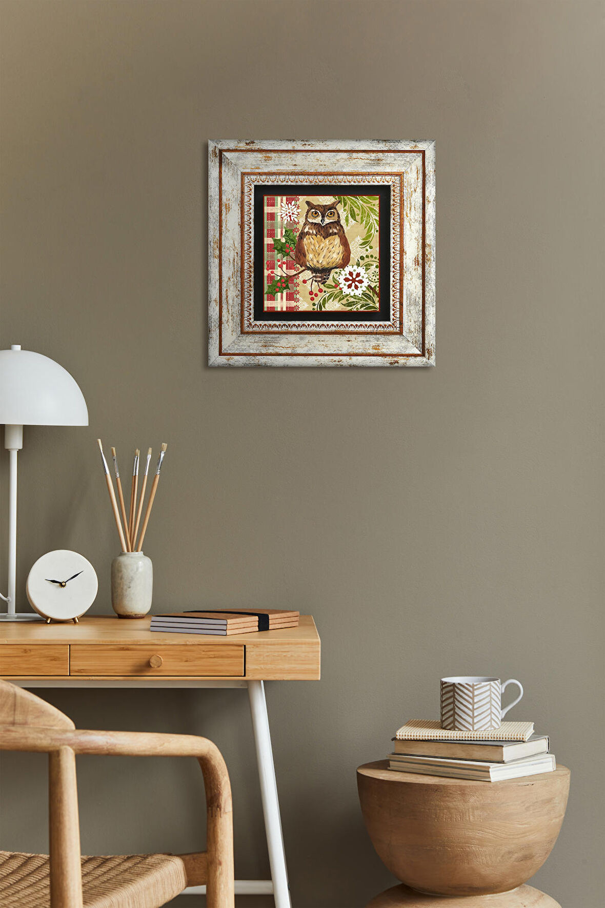 Baykuş Taş Duvar Tablosu Çerçeveli Duvar Dekoru Wall Art