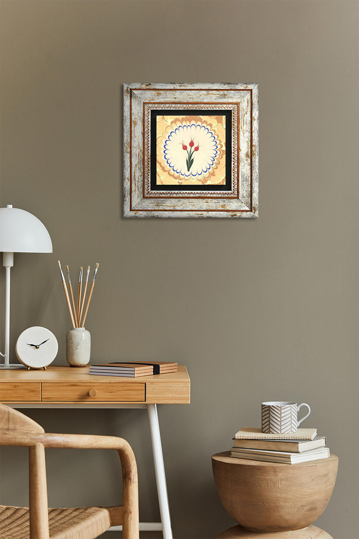 Ebru Sanatı Lale Taş Duvar Tablosu Çerçeveli Duvar Dekoru Wall Art