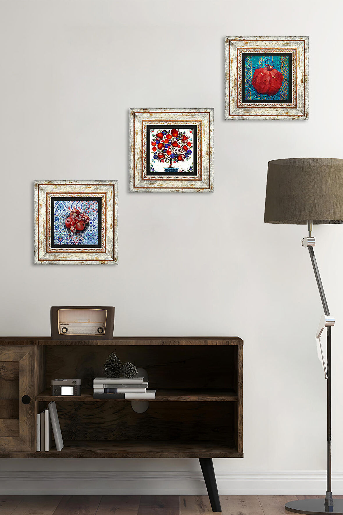 Nar Ağacı, Nar Taş Duvar Tablosu Çerçeveli Duvar Dekoru 3 Parça Tablo Seti Wall Art