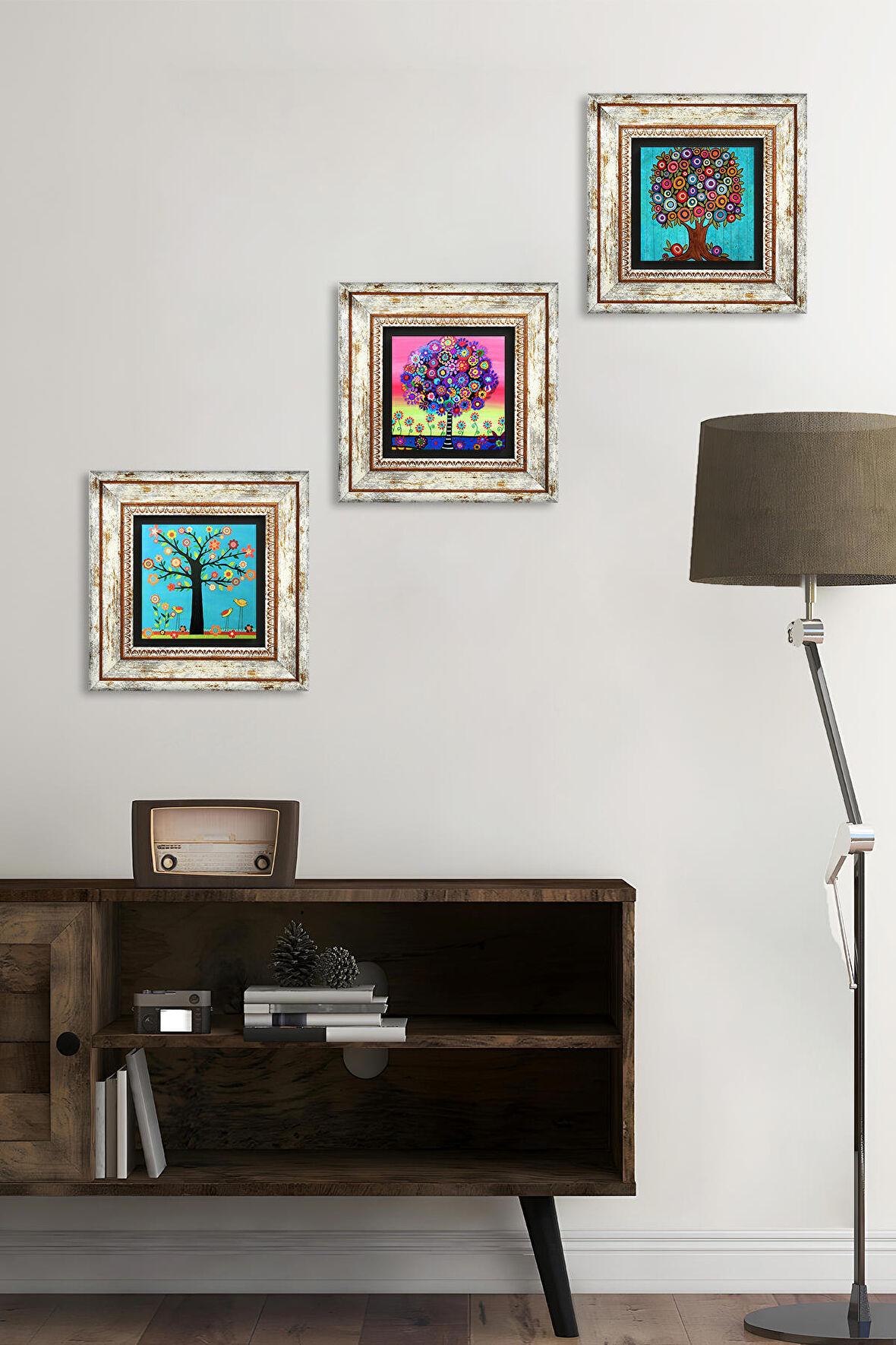 Karla Gerard Hayat Ağacı Taş Duvar Tablosu Çerçeveli Duvar Dekoru 3 Parça Tablo Seti Wall Art