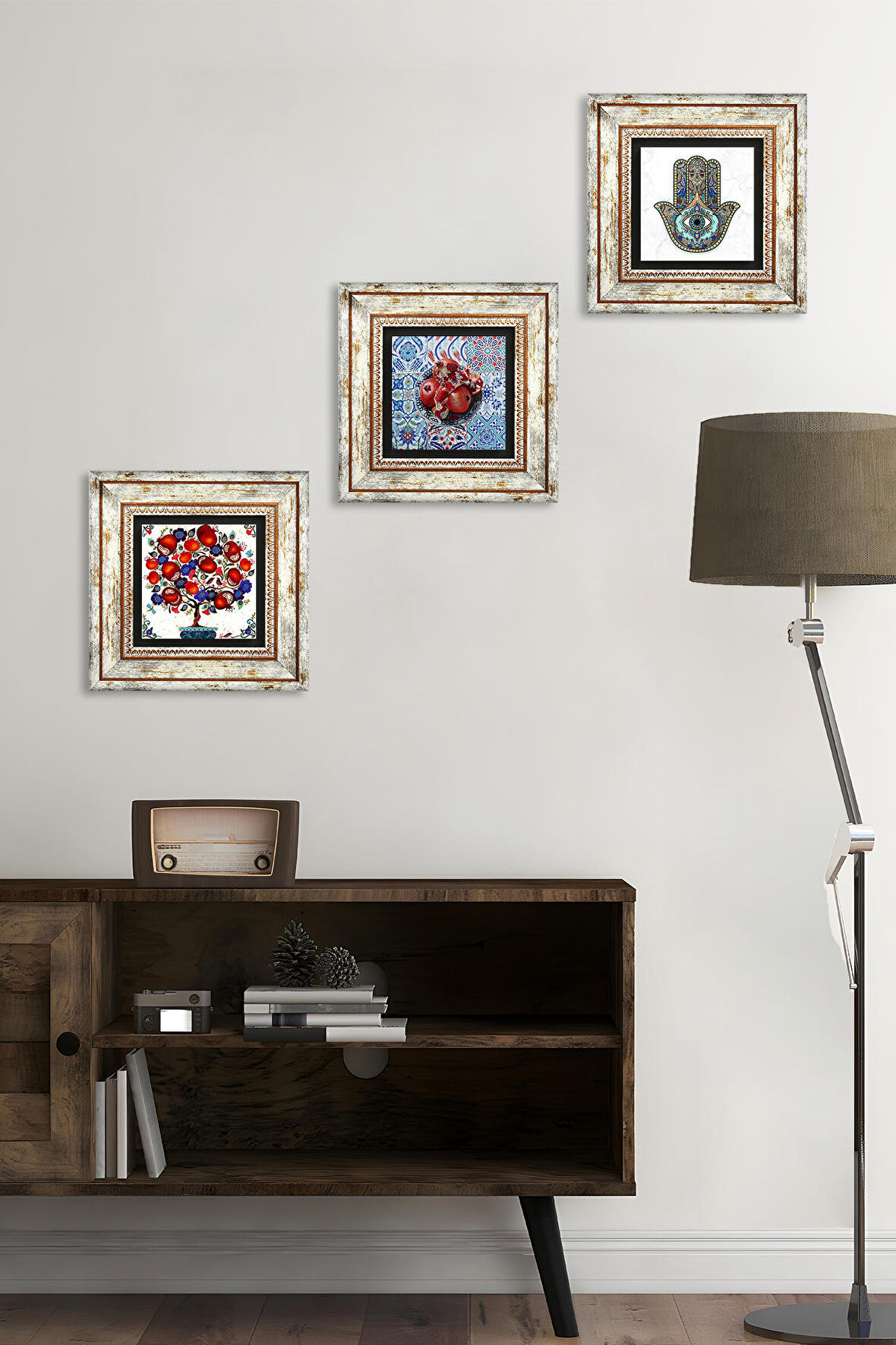 Nar, Nar Ağacı, Fatma Ana Eli (Hamsa) Taş Duvar Tablosu Çerçeveli Duvar Dekoru 3 Parça Tablo Seti Wall Art