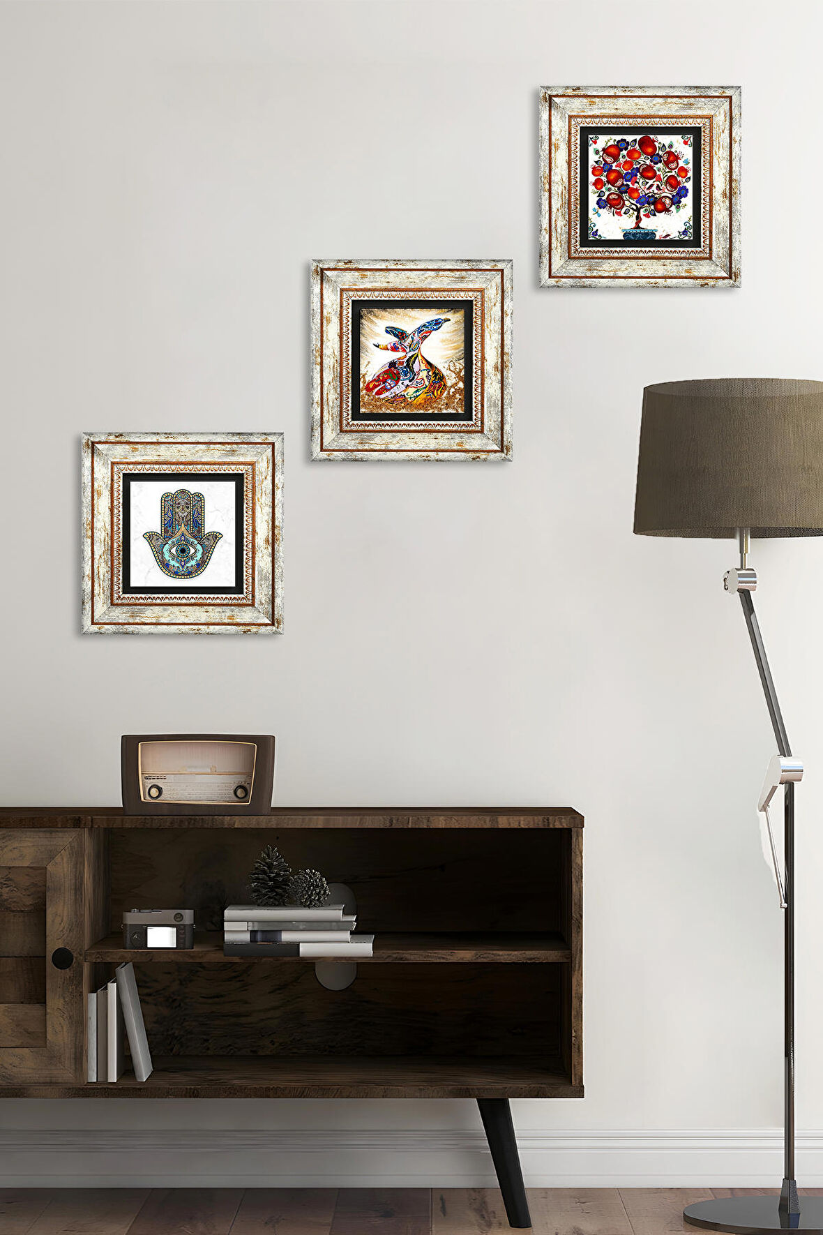 Semazen, Nar Ağacı, Fatma Ana Eli (Hamsa) Taş Duvar Tablosu Çerçeveli Duvar Dekoru 3 Parça Tablo Seti Wall Art