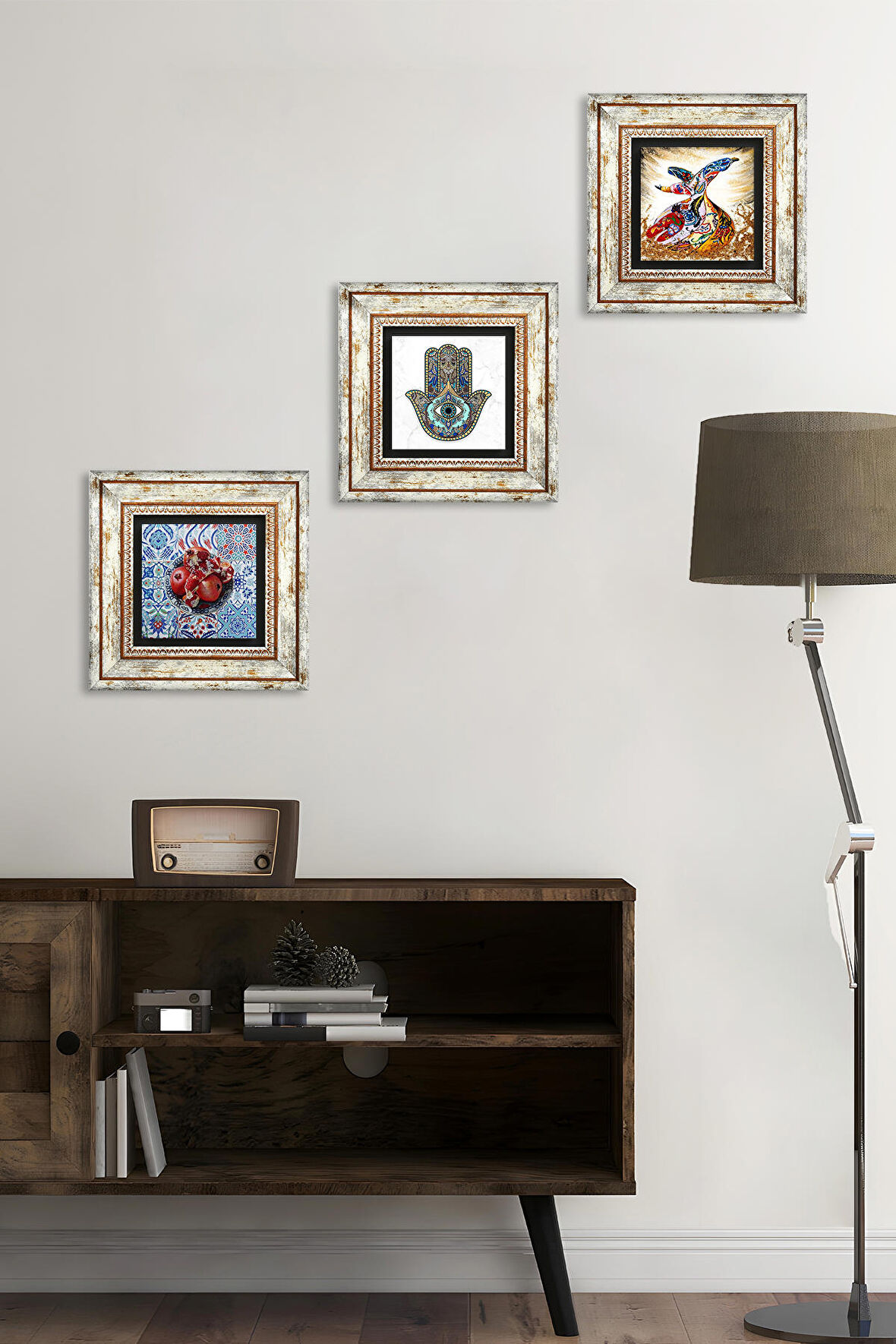 Semazen, Nar, Fatma Ana Eli (Hamsa) Taş Duvar Tablosu Çerçeveli Duvar Dekoru 3 Parça Tablo Seti Wall Art