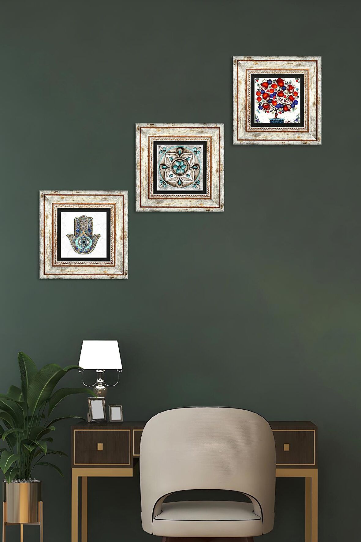 Çini Sanatı, Nar Ağacı, Fatma Ana Eli (Hamsa) Taş Duvar Tablosu Çerçeveli Duvar Dekoru 3 Parça Tablo Seti Wall Art