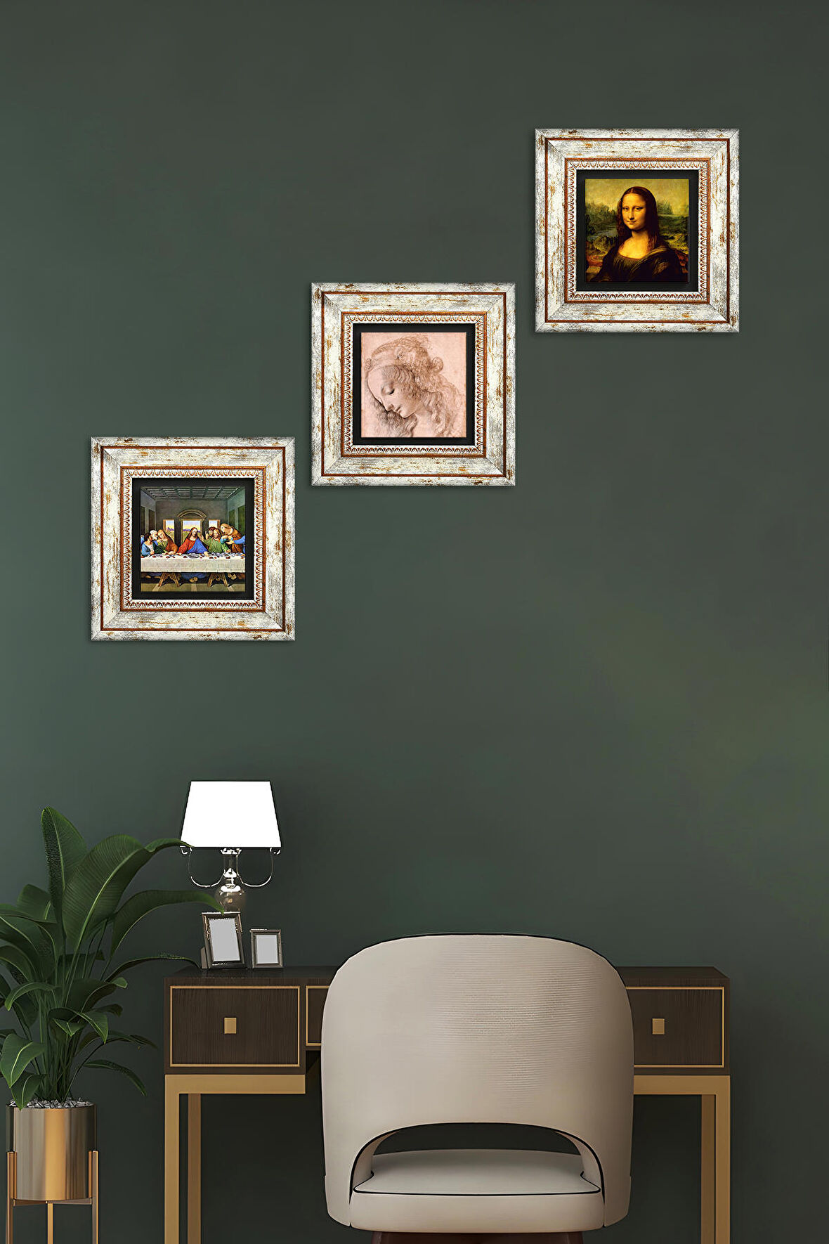 Leonardo da Vinci Taş Duvar Tablosu Çerçeveli Duvar Dekoru 3 Parça Tablo Seti Wall Art