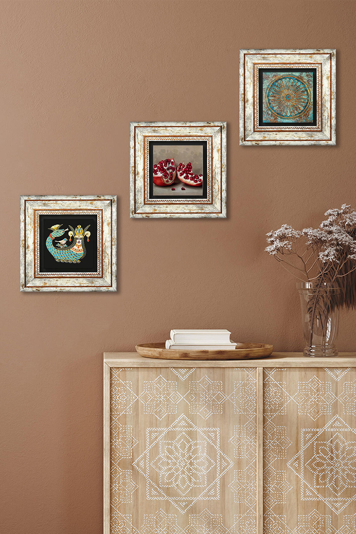 Yaşam Çiçeği, Şahmeran, Nar Taş Duvar Tablosu Çerçeveli Duvar Dekoru 3 Parça Tablo Seti Wall Art