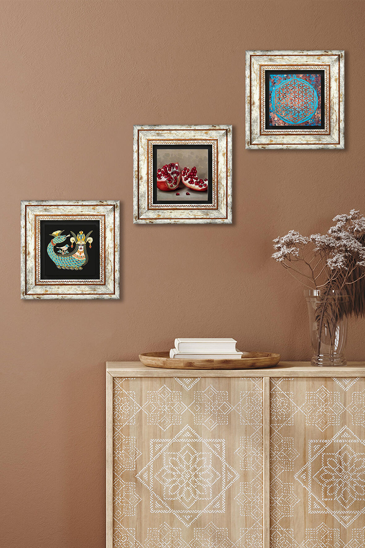 Yaşam Çiçeği, Şahmeran, Nar Taş Duvar Tablosu Çerçeveli Duvar Dekoru 3 Parça Tablo Seti Wall Art