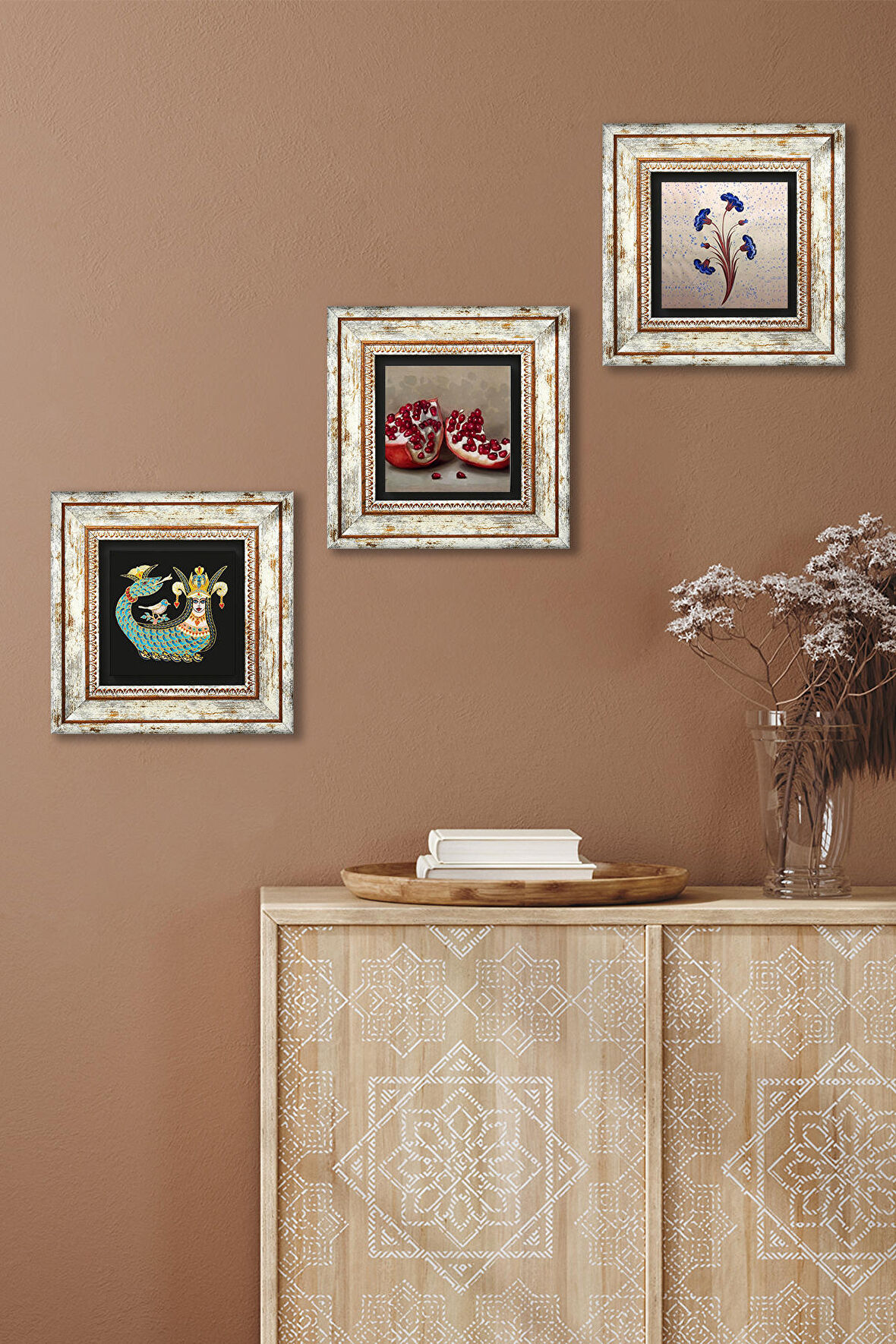 Ebru Sanatı, Şahmeran, Nar Taş Duvar Tablosu Çerçeveli Duvar Dekoru 3 Parça Tablo Seti Wall Art
