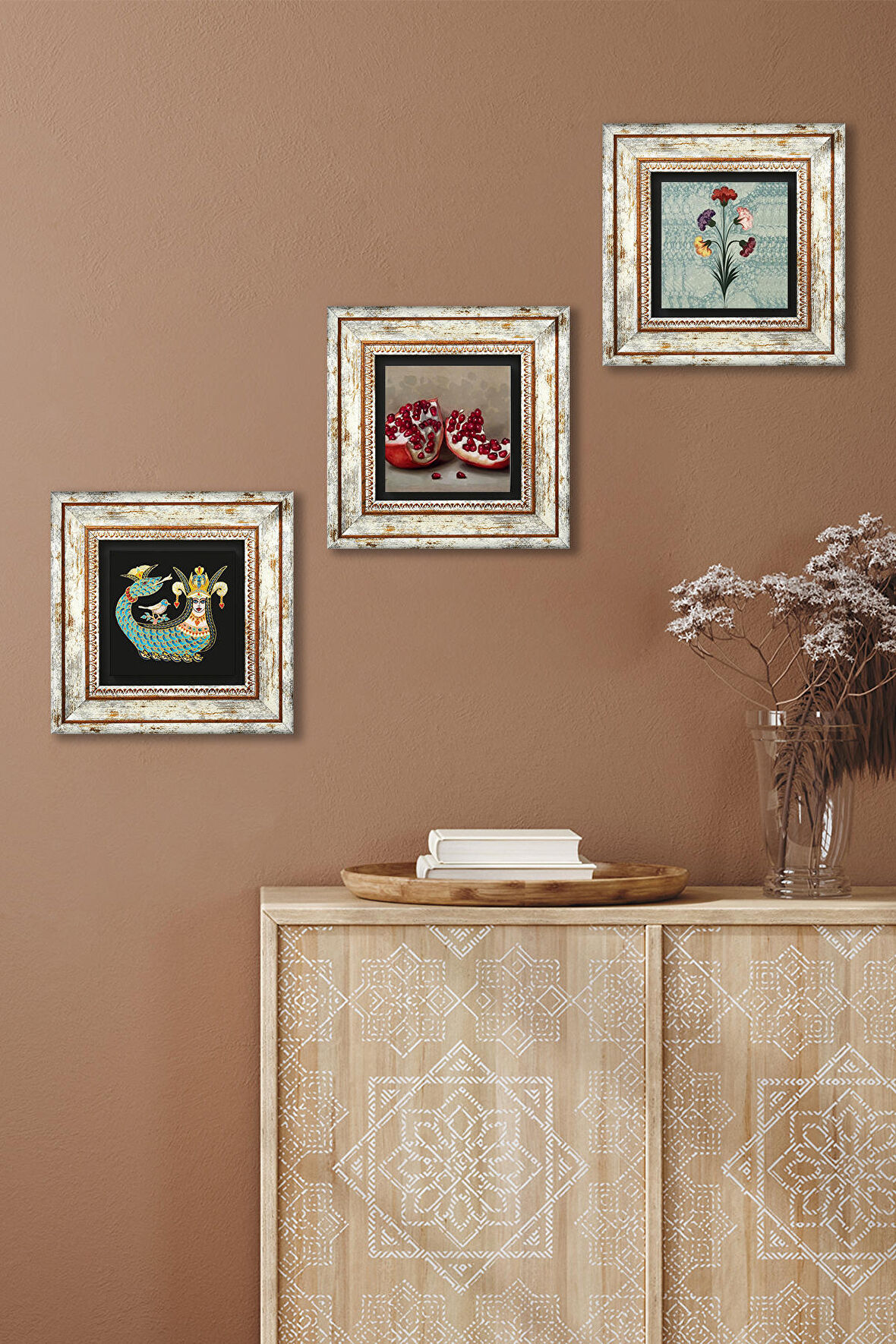 Ebru Sanatı, Şahmeran, Nar Taş Duvar Tablosu Çerçeveli Duvar Dekoru 3 Parça Tablo Seti Wall Art