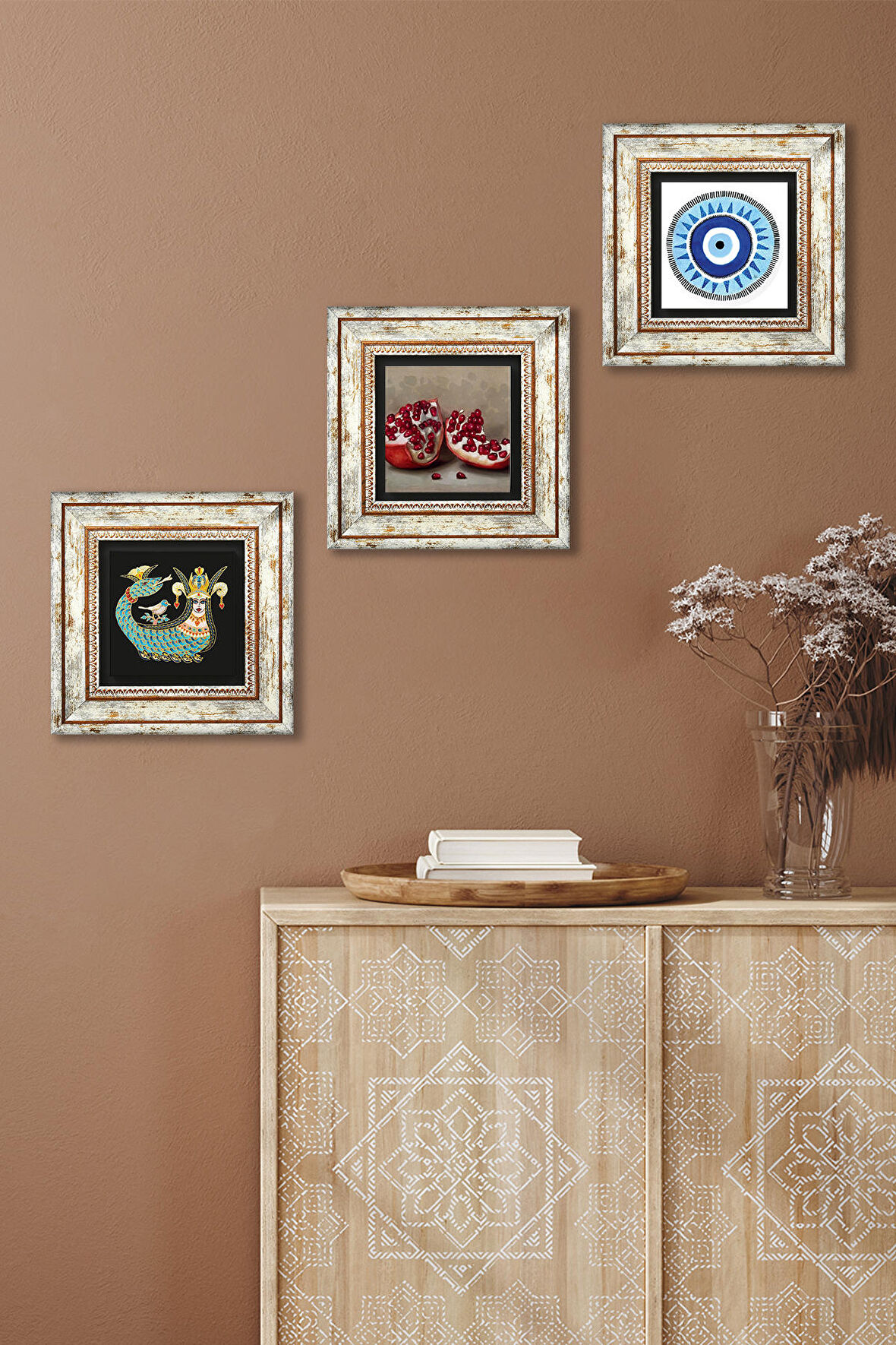 Nazar, Şahmeran, Nar Taş Duvar Tablosu Çerçeveli Duvar Dekoru 3 Parça Tablo Seti Wall Art