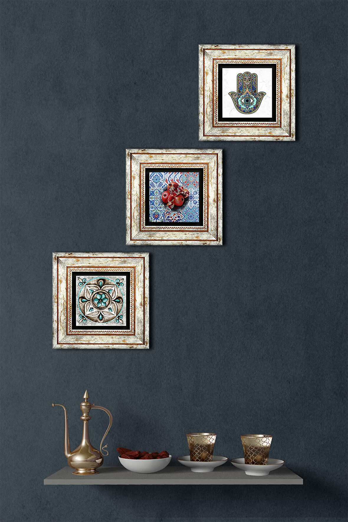 Çini Sanatı, Nar, Fatma Ana Eli (Hamsa) Taş Duvar Tablosu Çerçeveli Duvar Dekoru 3 Parça Tablo Seti Wall Art